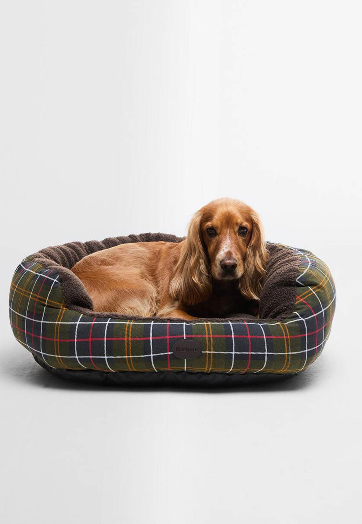 Dog rests in the cosy Barbour Snuggle Dog Bed 30" featuring a lowered front, soft fleece lining, tartan trim and embossed Barbour badge.
