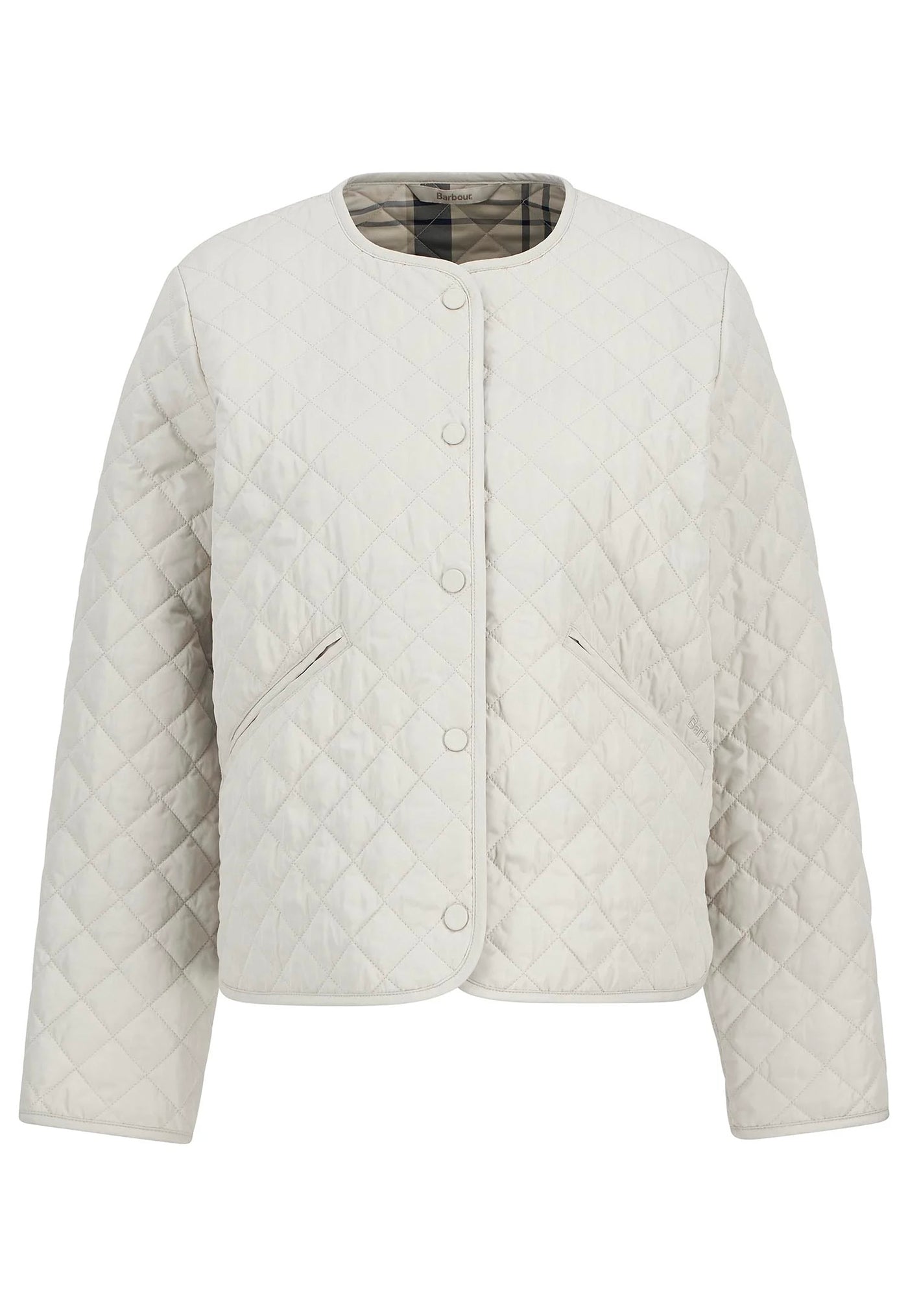 Cashel Collarless Quilted Jacket - Mist/Navy Tartan