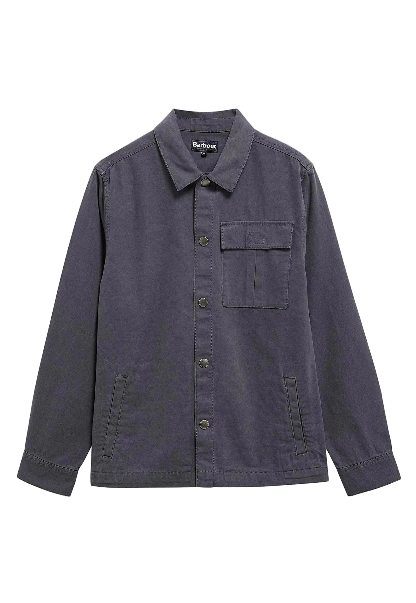A dark gray Barbour button-up shirt jacket with a chest pocket, displayed flat against a light gray background.