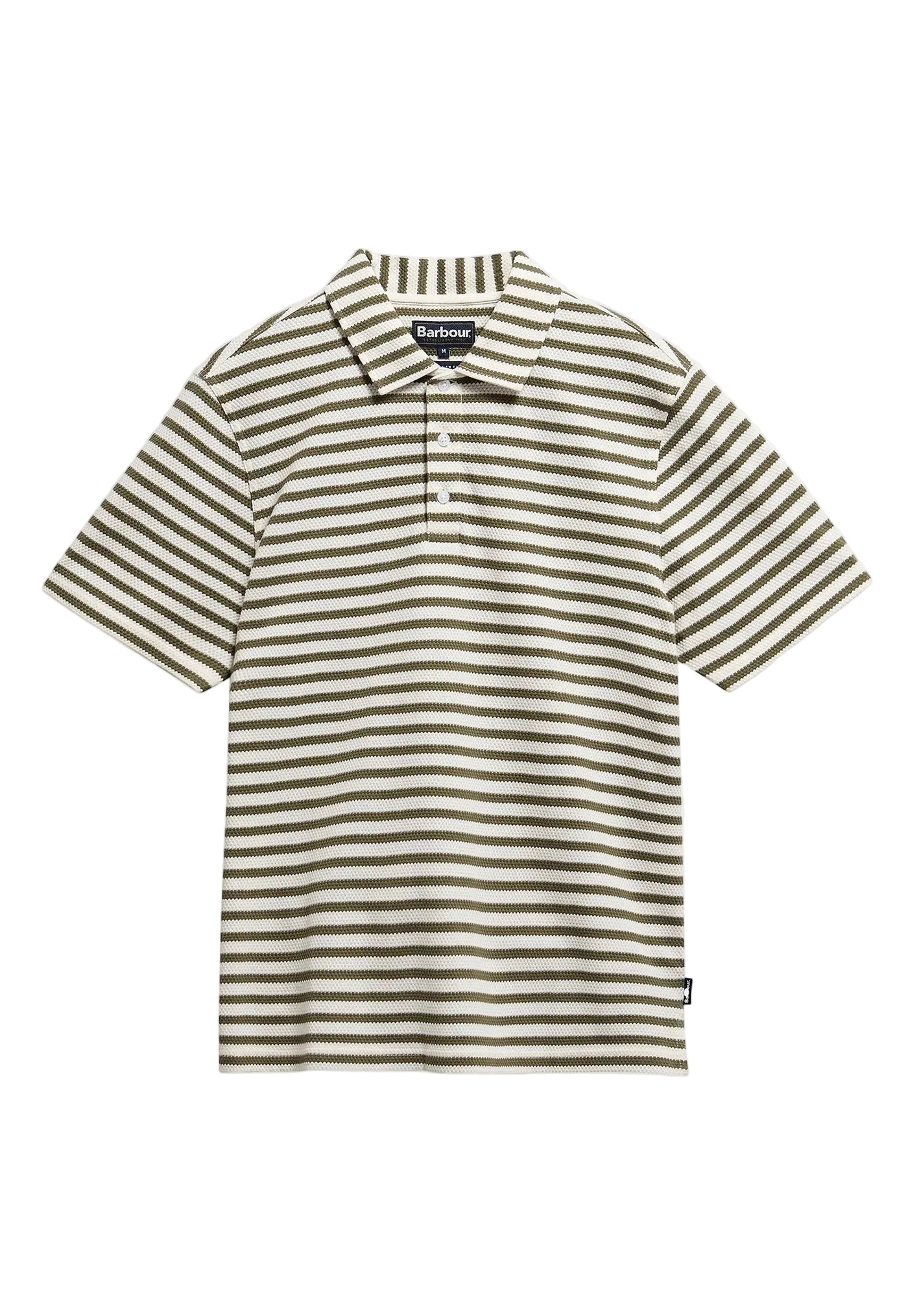 A short-sleeve polo shirt with horizontal stripes in olive green and cream, featuring a classic collar and a three-button placket. The Barbour brand label is visible on the inner neck tag.