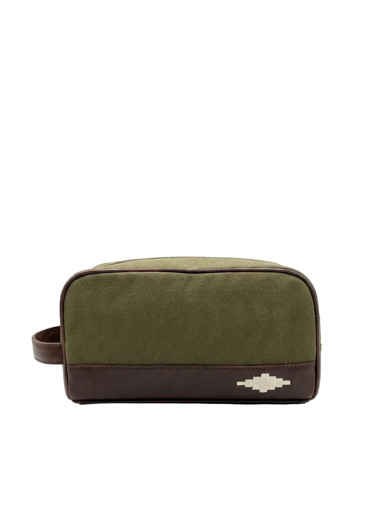 An olive green and dark brown rectangular pouch with a small white geometric logo on the front, set against a plain white background.