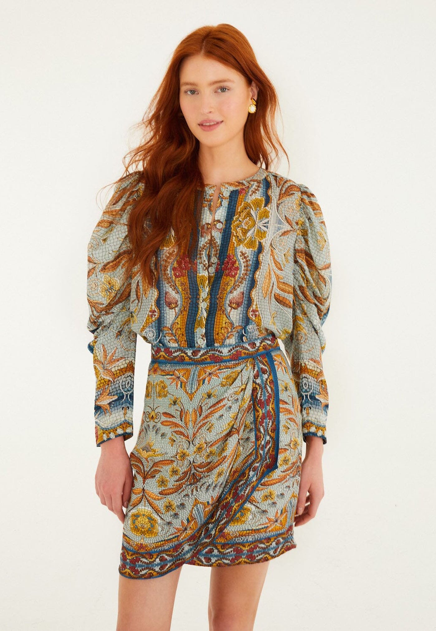 Mosaic Garden Long Sleeve Blouse - Soft Blue