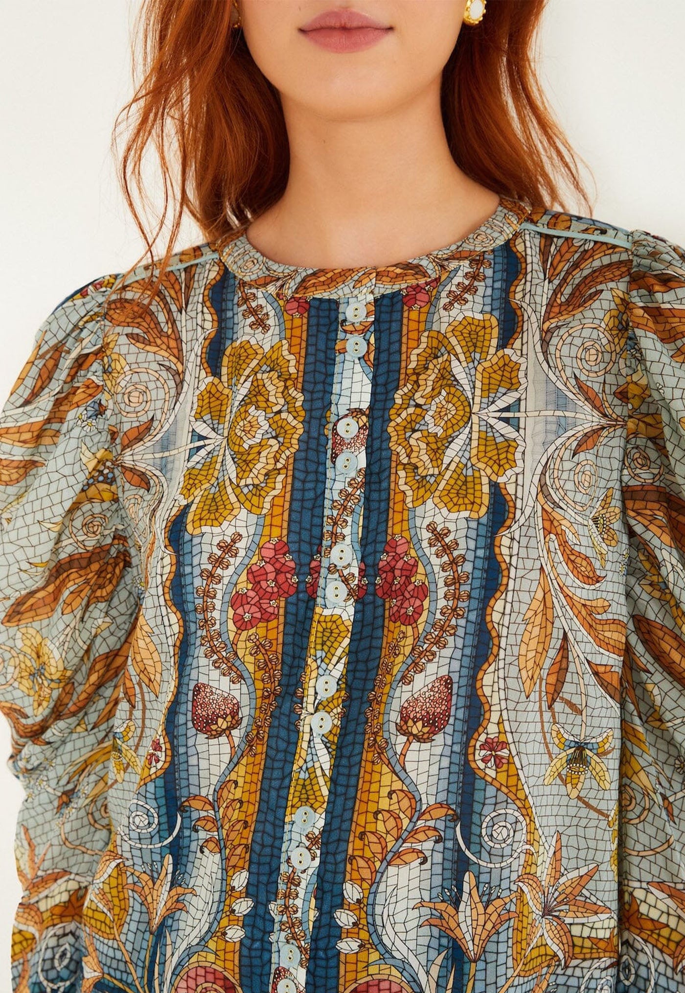 Mosaic Garden Long Sleeve Blouse - Soft Blue