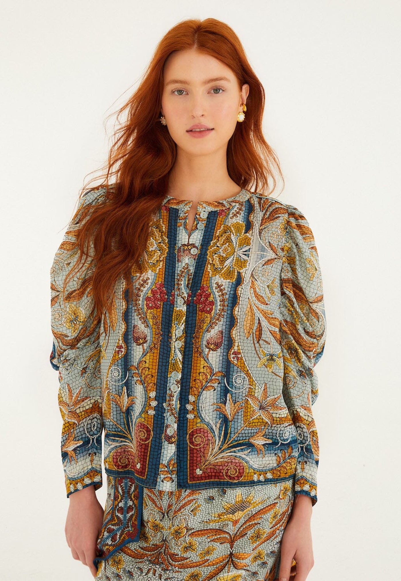 Mosaic Garden Long Sleeve Blouse - Soft Blue