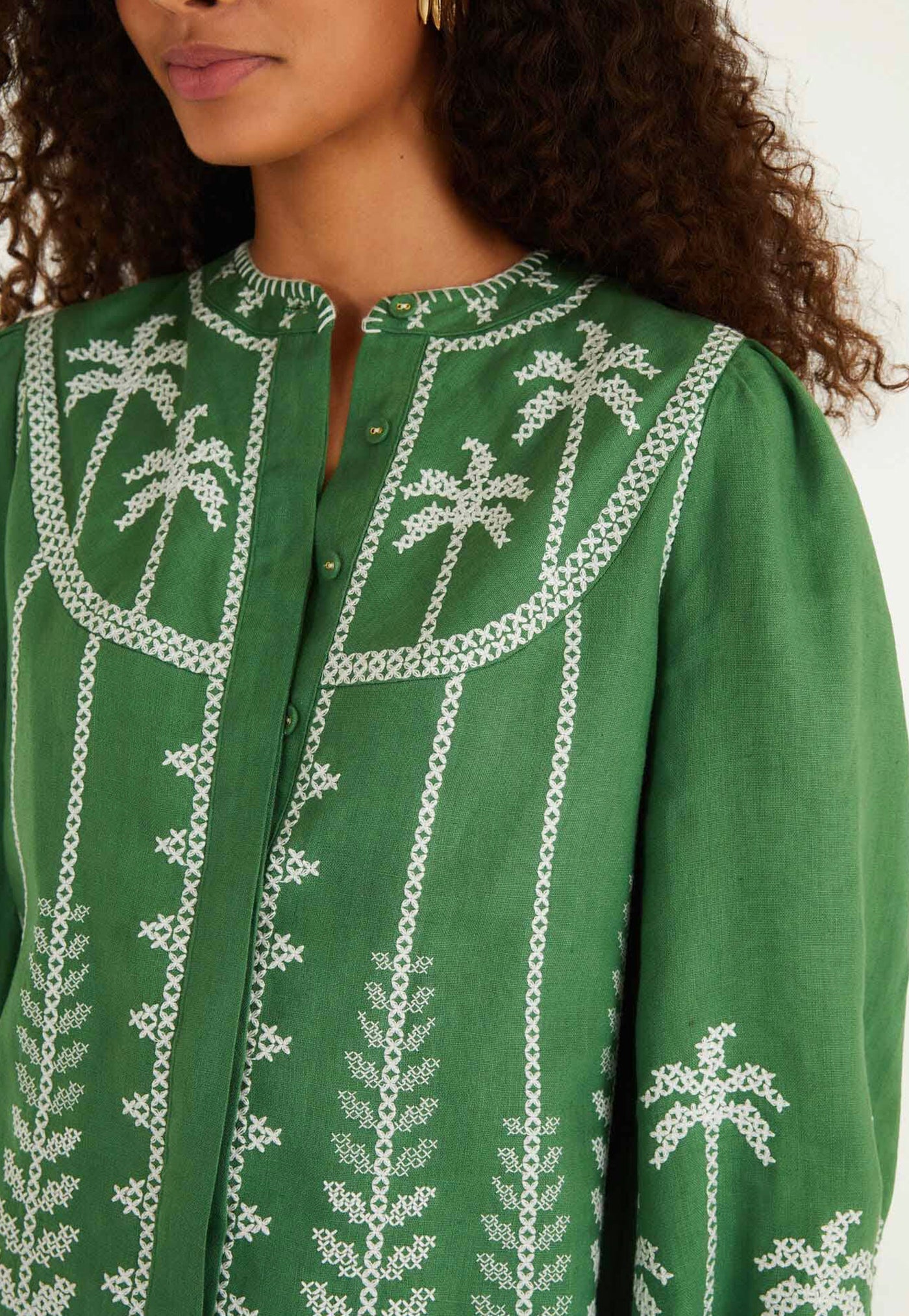 Cross Stitch Embroidery Long Sleeve Blouse - Green