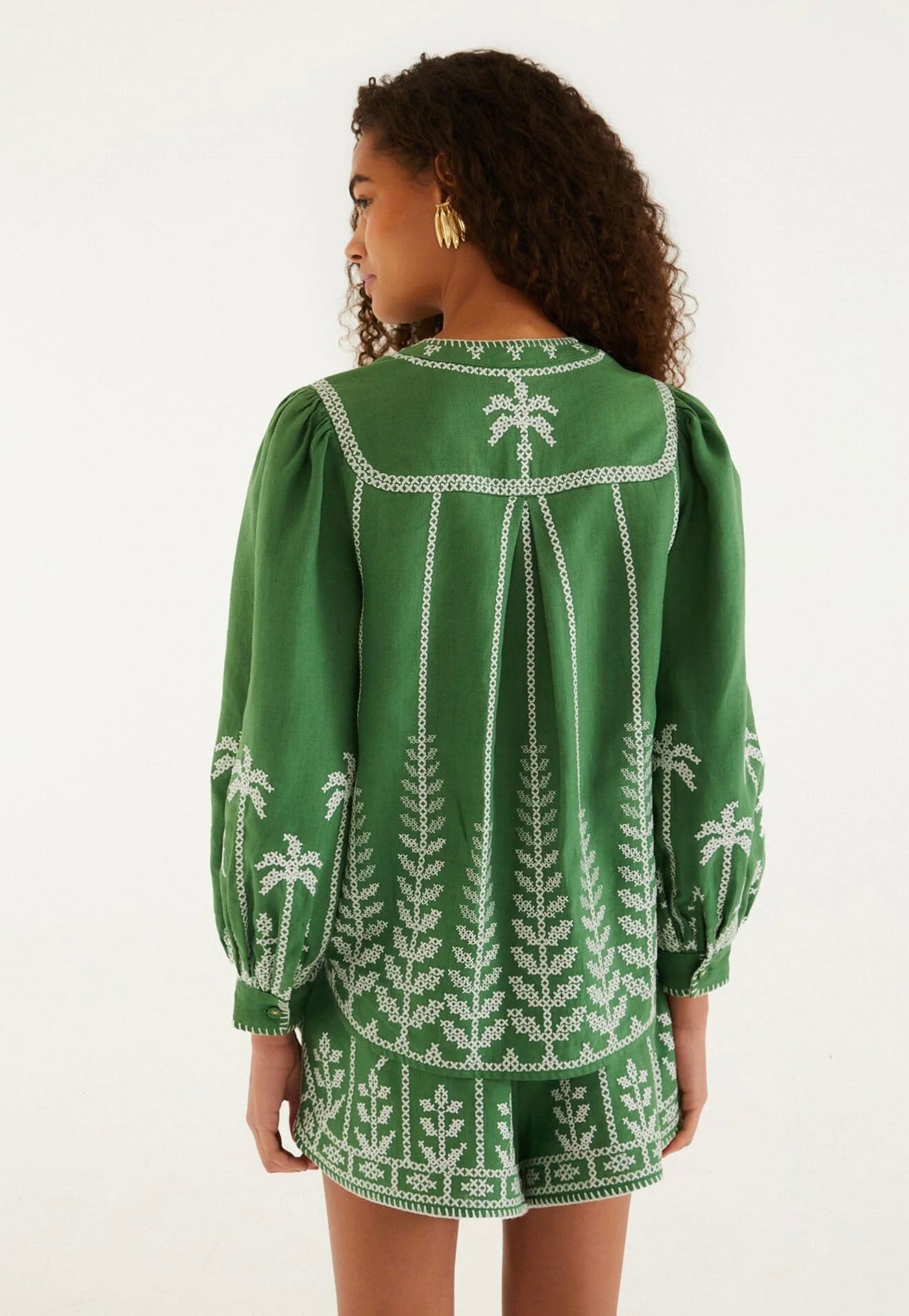 Cross Stitch Embroidery Long Sleeve Blouse - Green