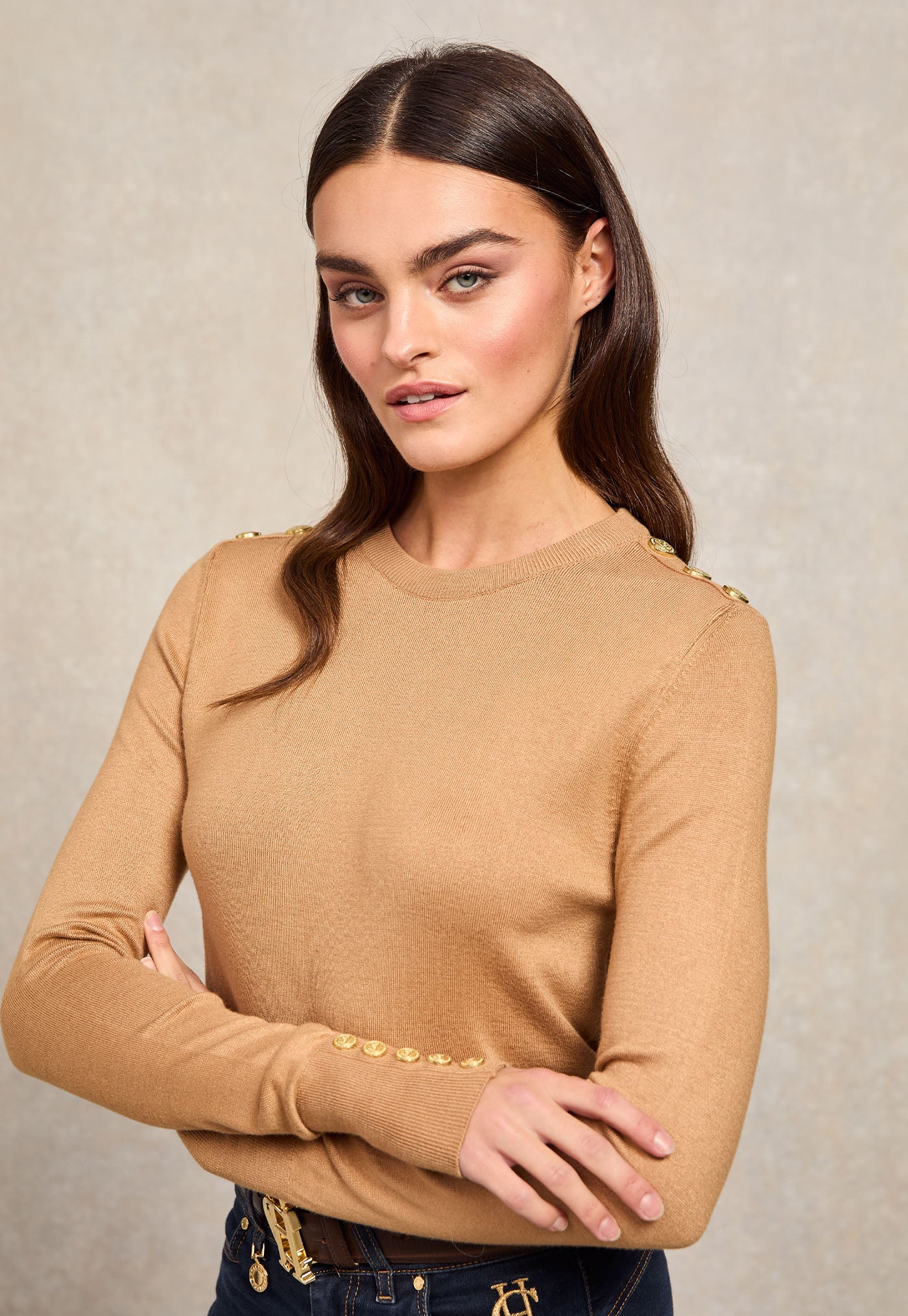 Buttoned Knit Crew Neck - Dark Camel
