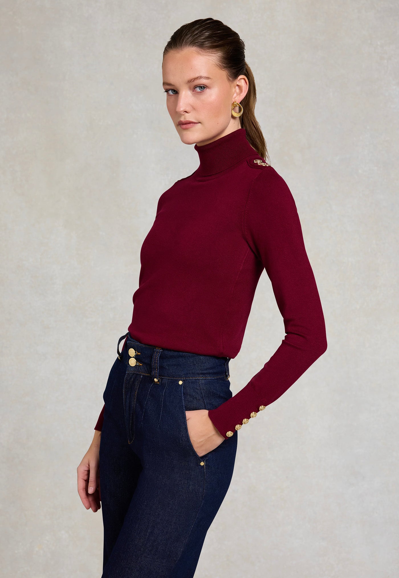 Buttoned Knit Roll Neck - Wine