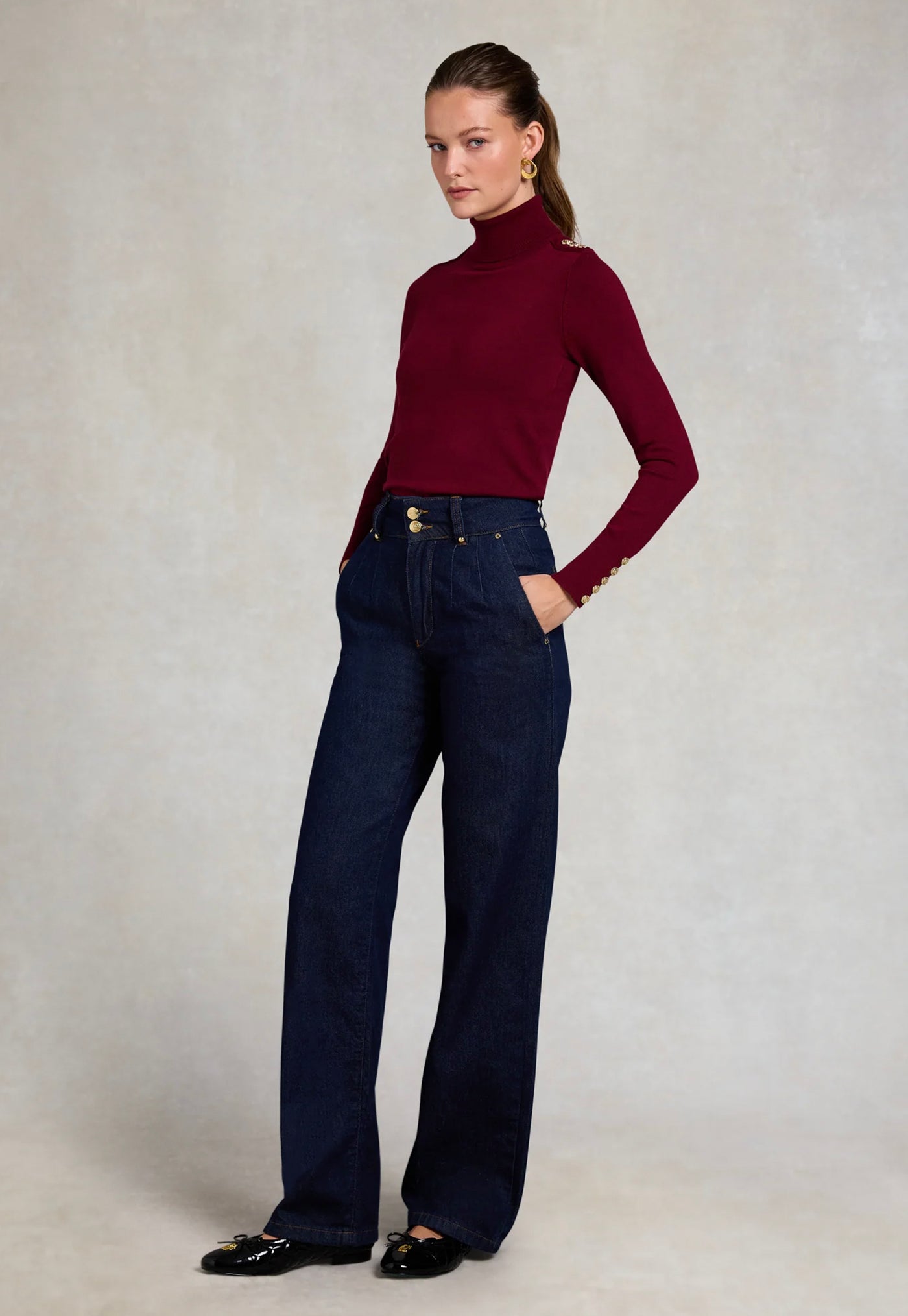 Buttoned Knit Roll Neck - Wine