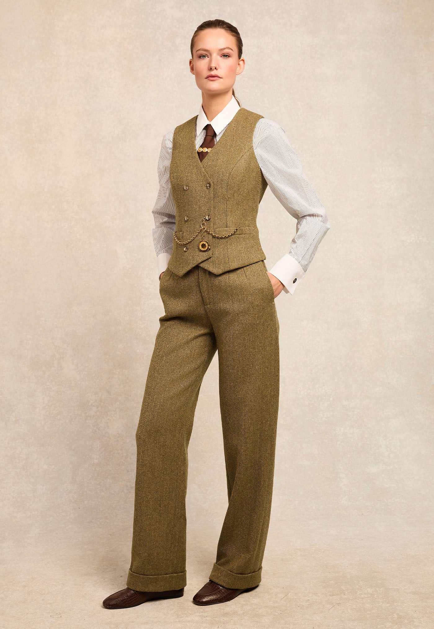 High Waisted Wide Leg Trouser - Moss Herringbone