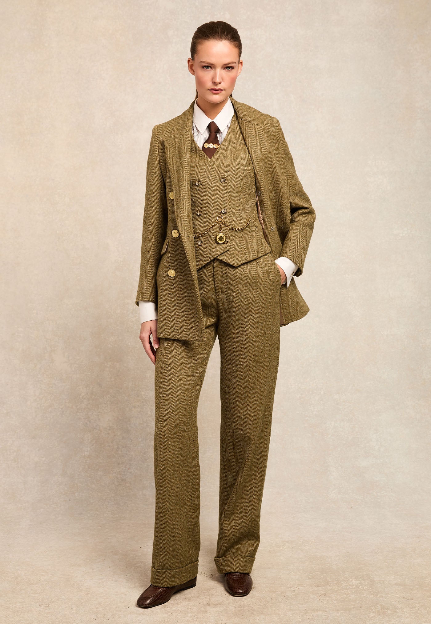 High Waisted Wide Leg Trouser - Moss Herringbone