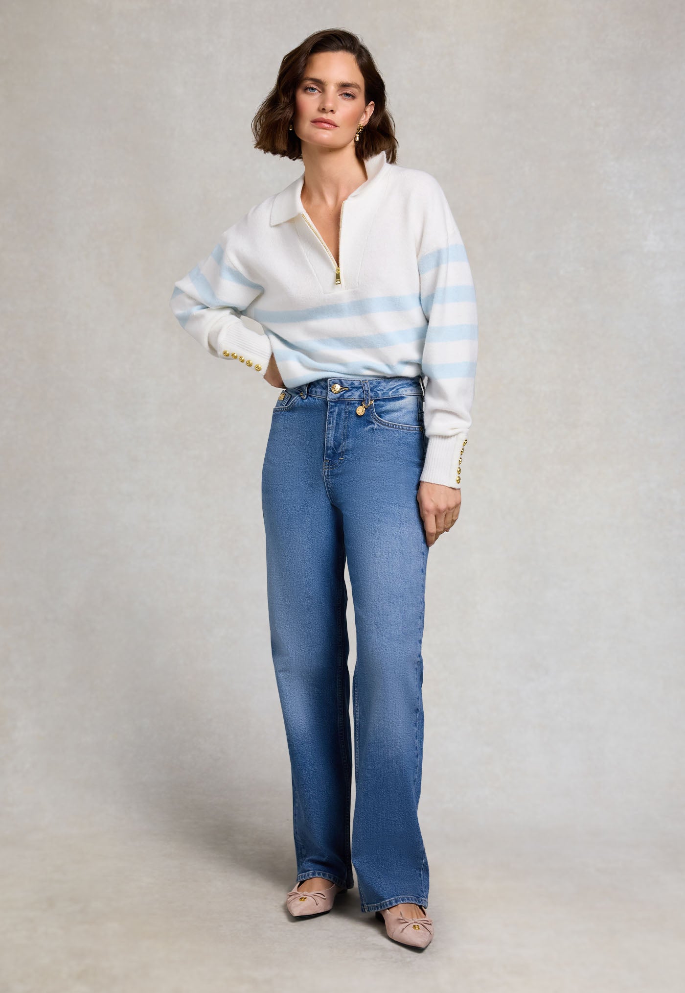 Lydia Quarter Zip Knit - Natural Powder Blue