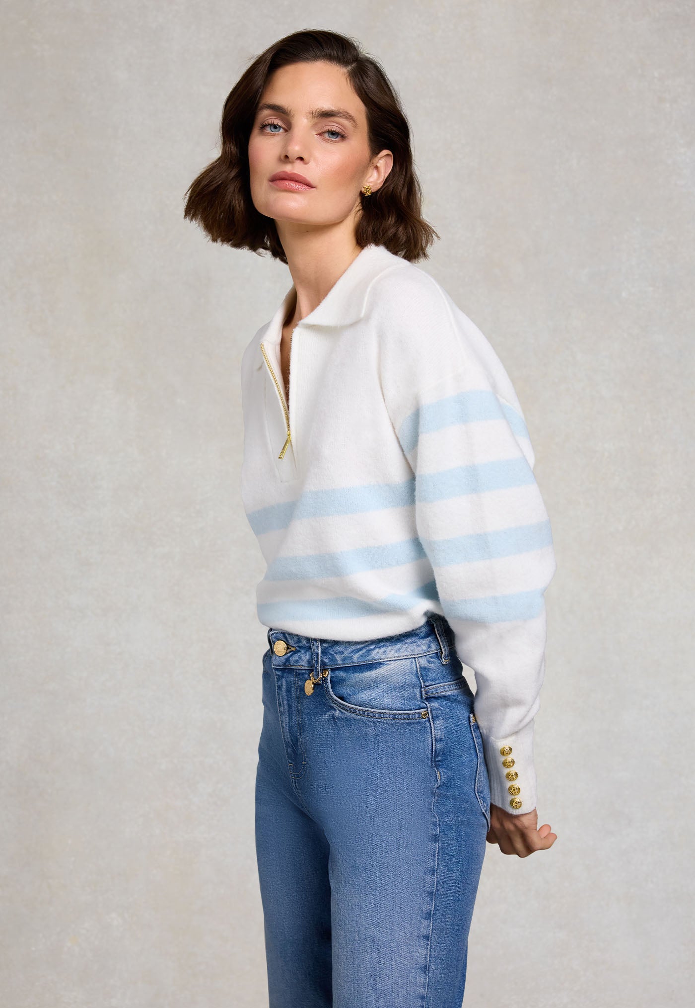 Lydia Quarter Zip Knit - Natural Powder Blue