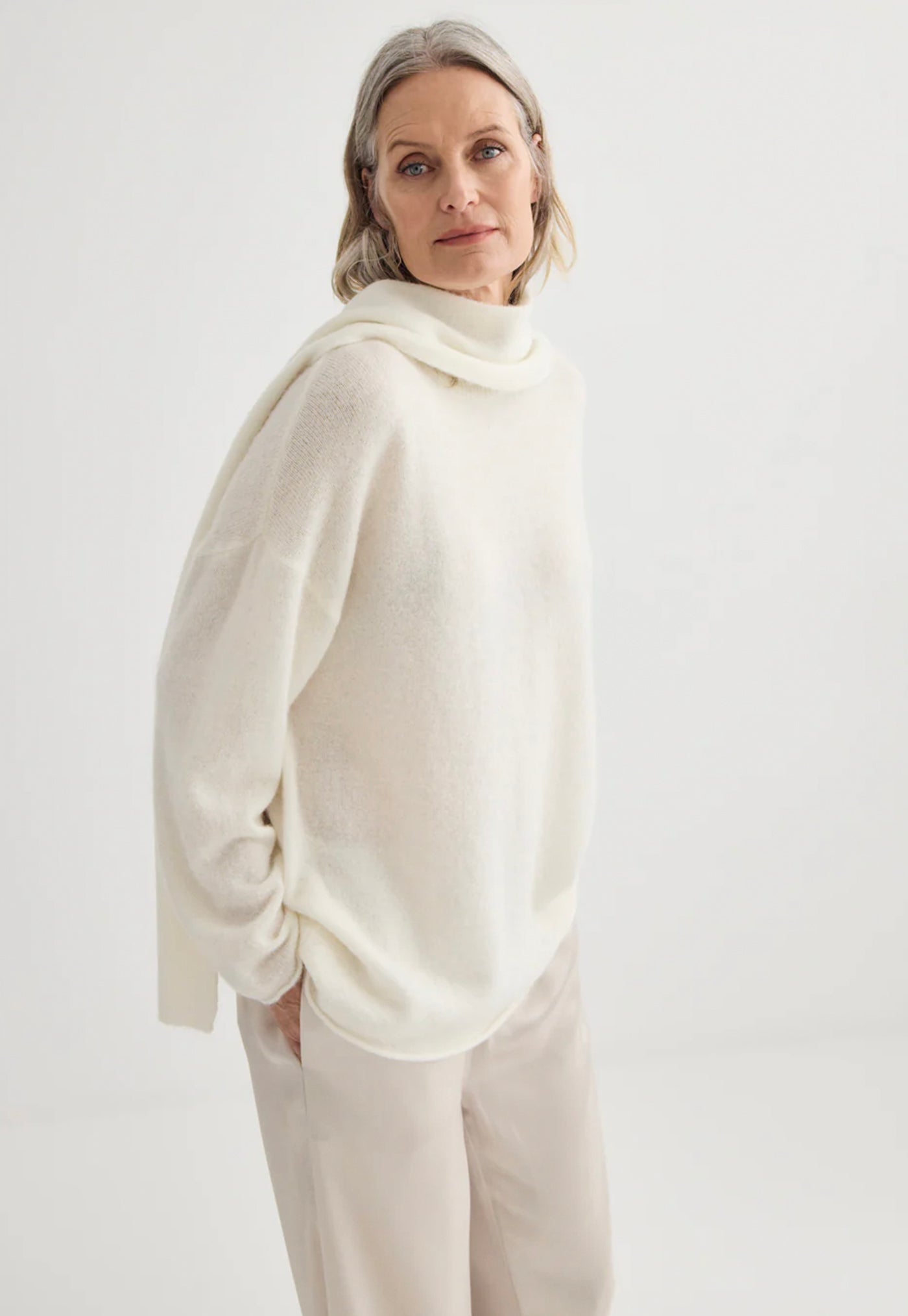 Alpaca Sweater with Scarf - Ivory
