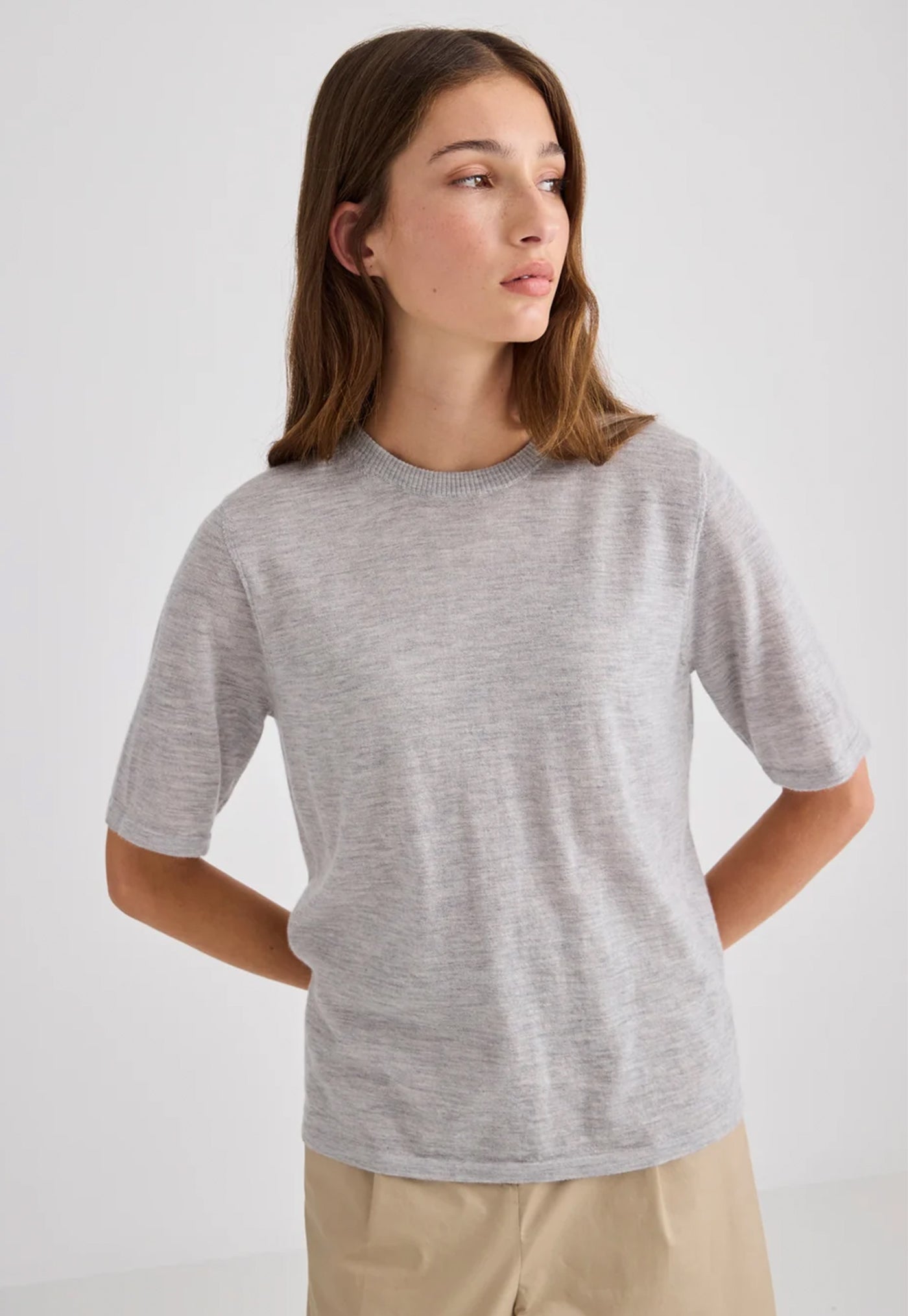 Featherlight Pure Cashmere T-Shirt - Grey Marle