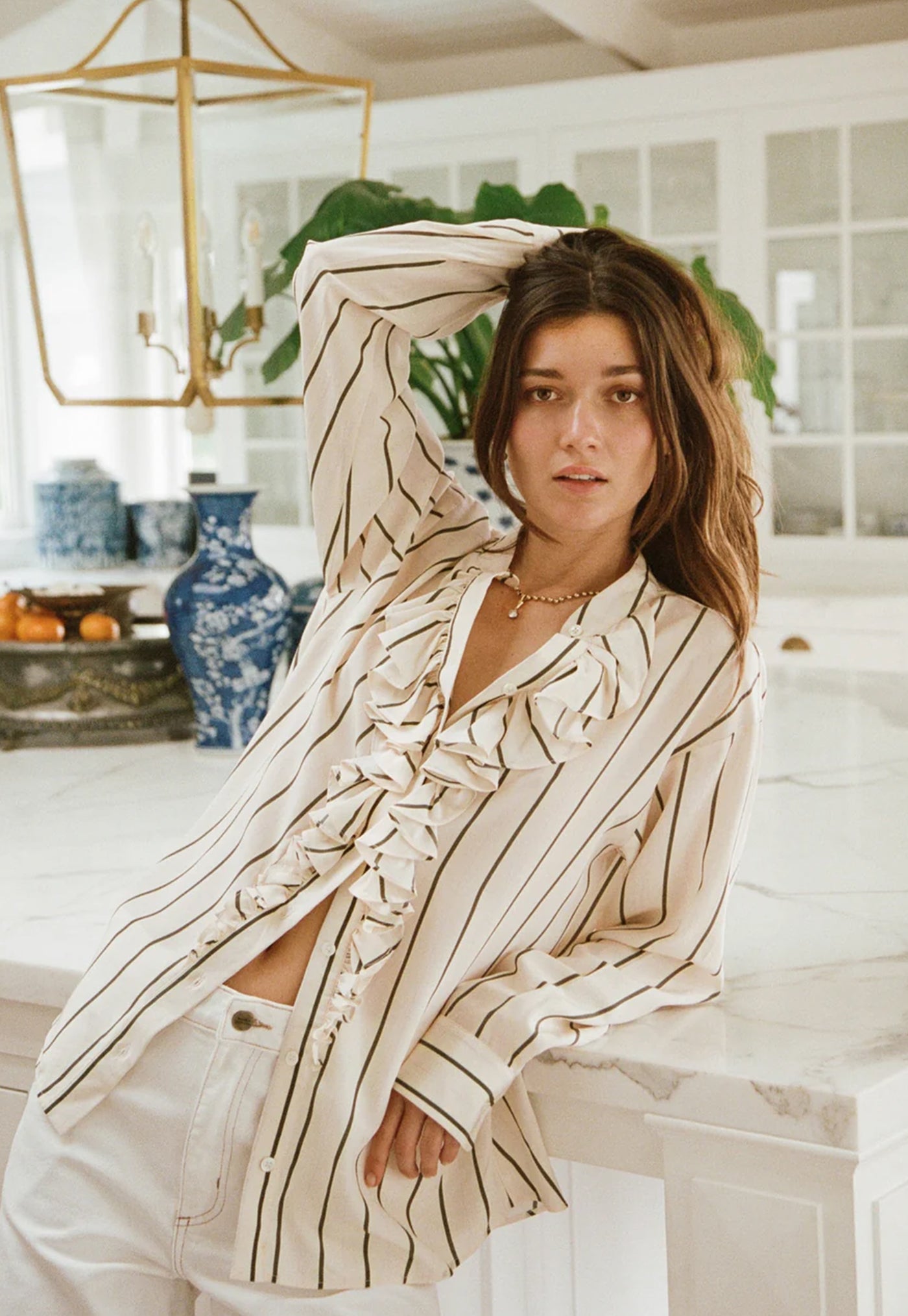For The Frill Of It Shirt - Marshmallow & Olive Stripe