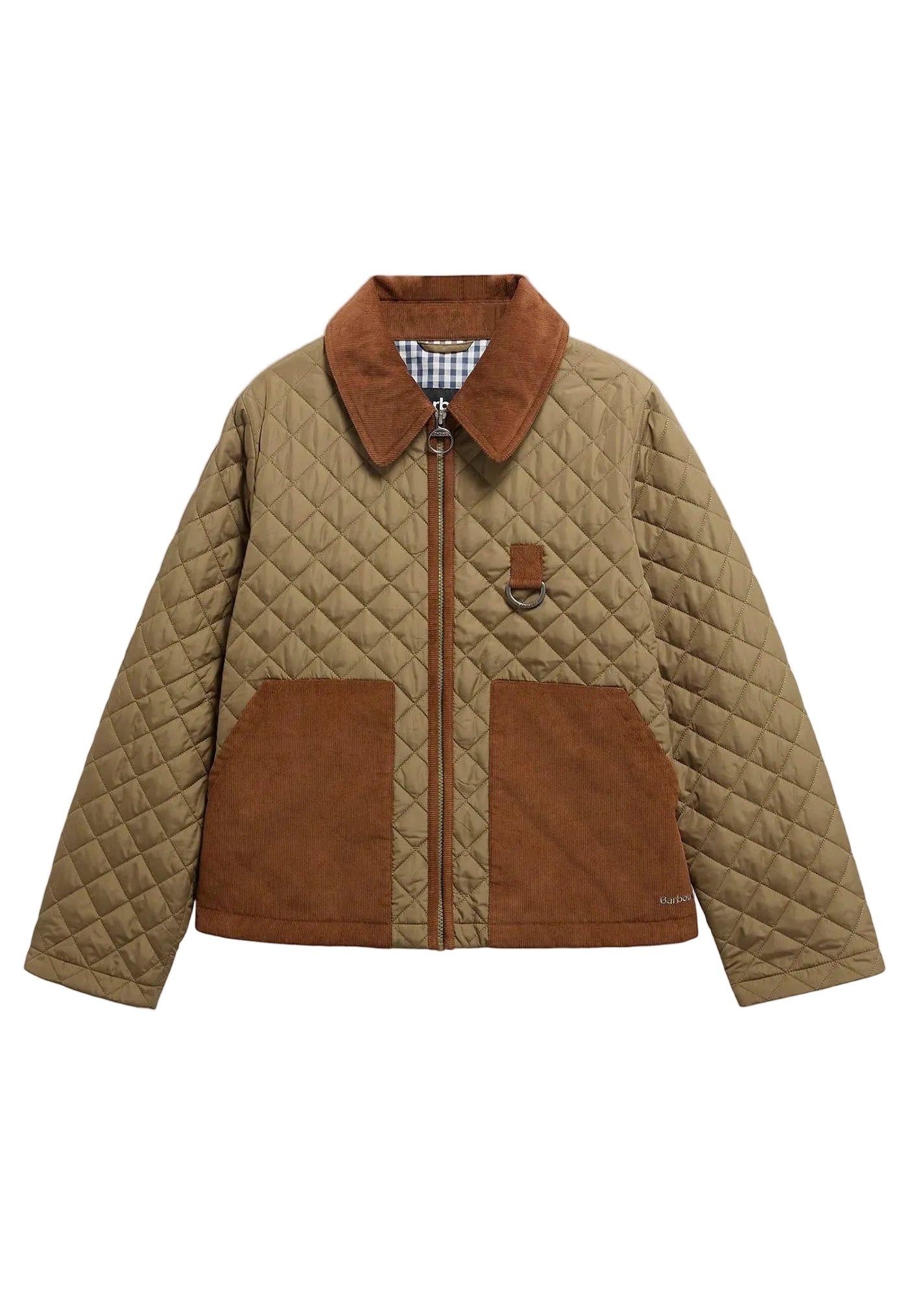 A quilted jacket in tan and brown, featuring a brown corduroy collar, a brown zippered front, and two large brown front pockets, displayed against a light gray background.