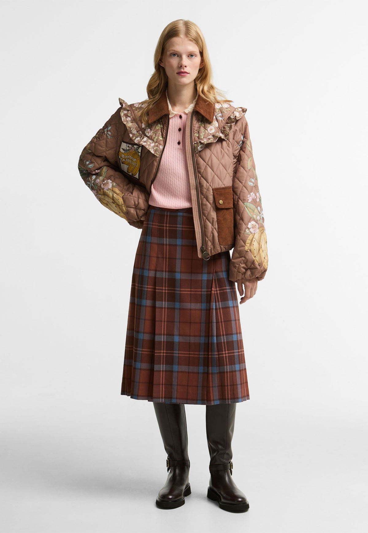 Barbour x FARM Rio Allamanda Pleated Skirt in Tropical Tea Tartan