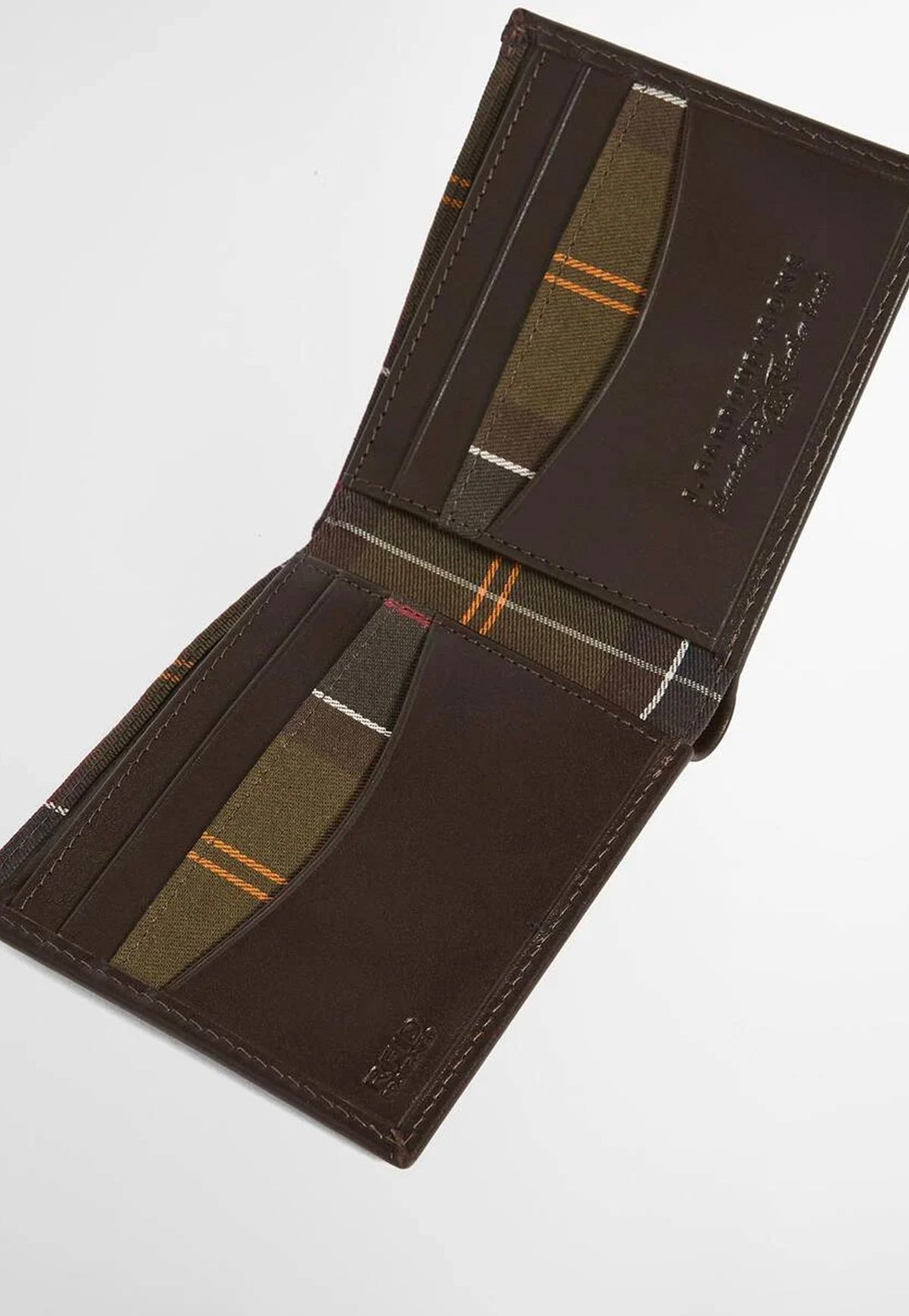 Open Barbour Brodick Leather Wallet showing six card slots, note compartments and signature tartan detailing.