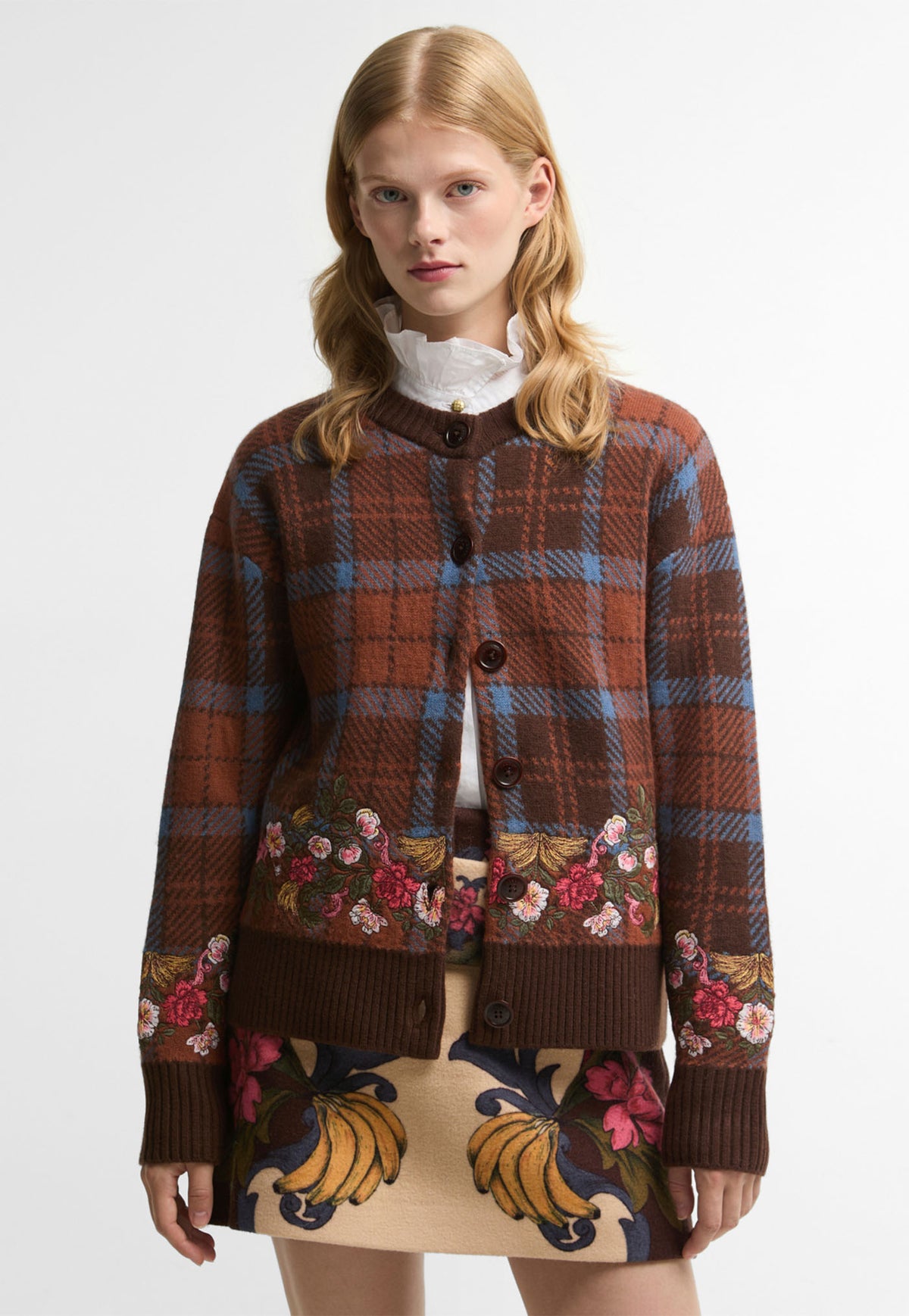 Barbour x FARM Rio Angelonia Merino Wool Cardigan in Tropical Tea Tartan with embroidered details