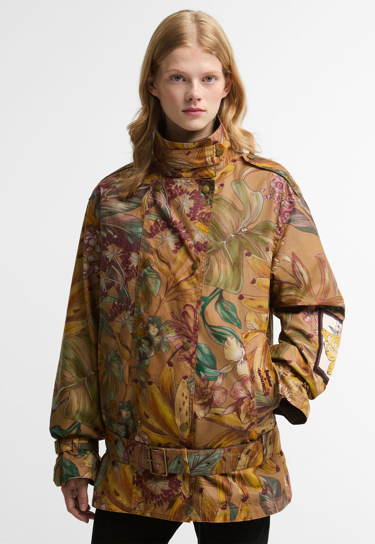 Barbour x FARM Rio Attalea Waxed Cotton Jacket in Banana Groove Print with belted waist