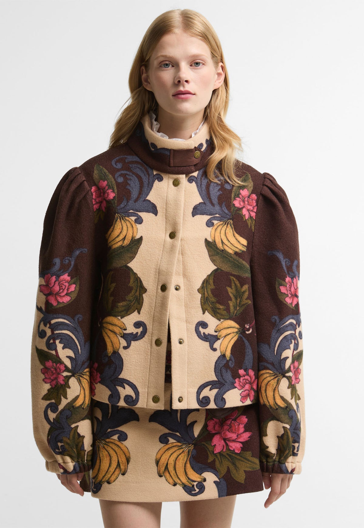 Barbour x FARM Rio Cardeiro Wool Overshirt in Bloom In Between print with funnel neckline
