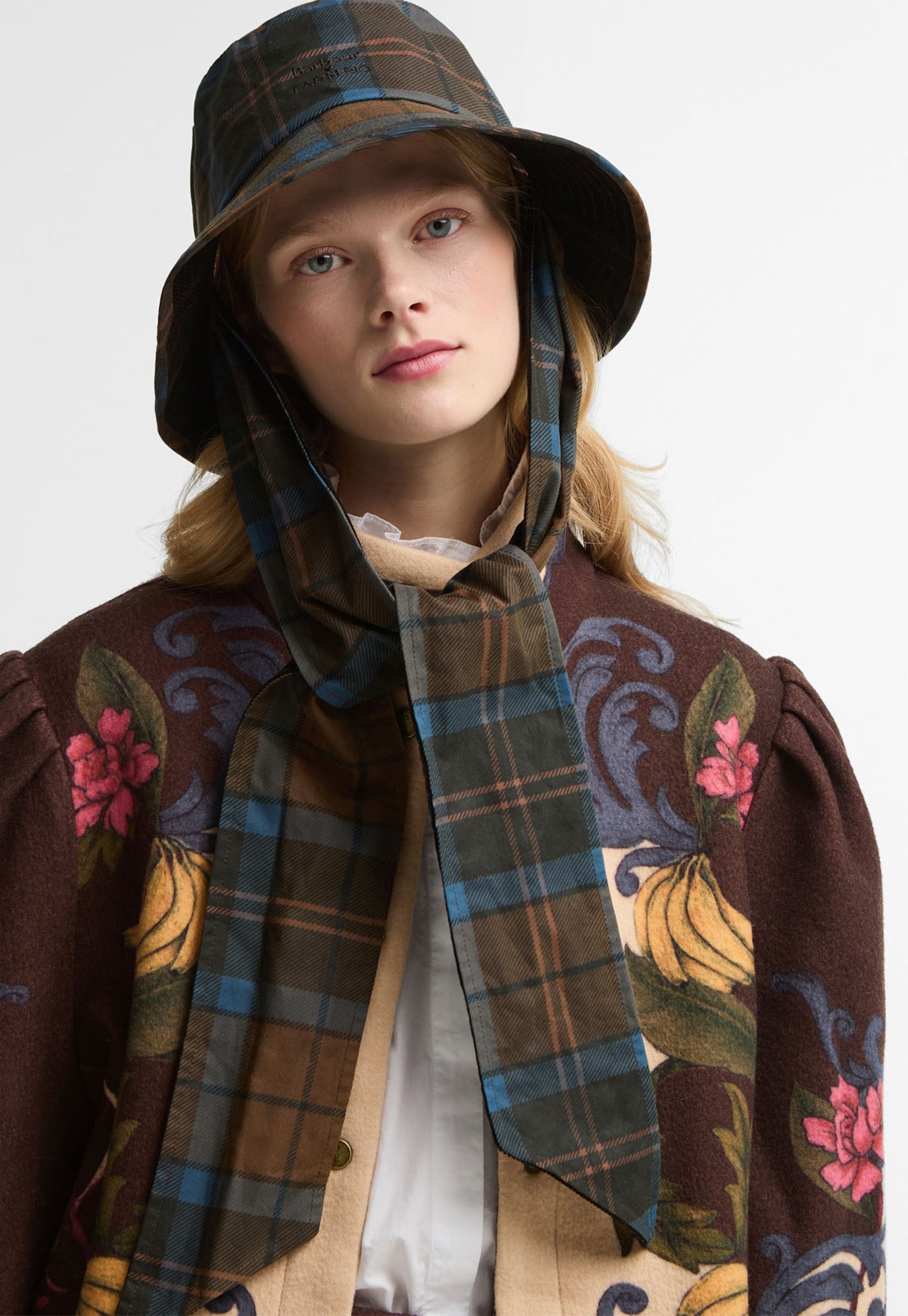 Barbour x FARM Rio Leonoria Waxed Cotton Bucket Hat in Tropical Tea Tartan
