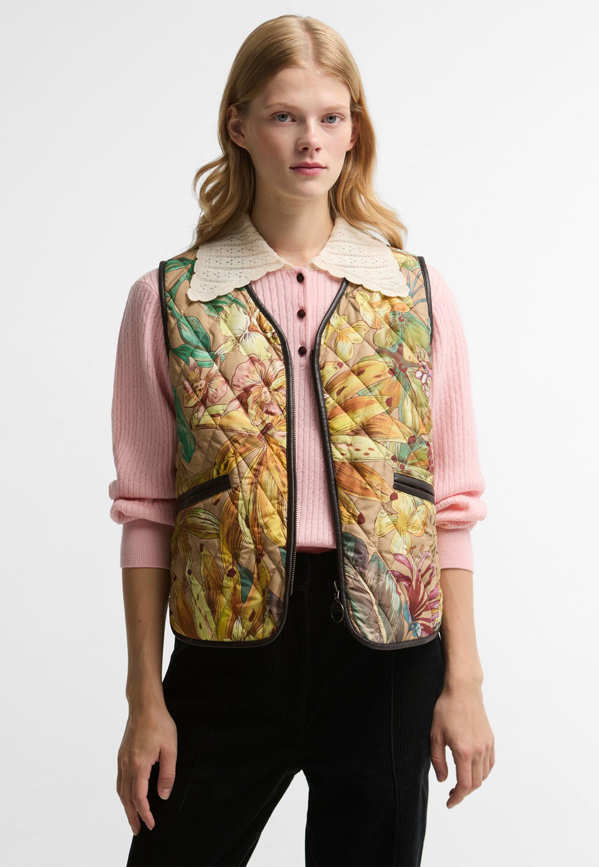 Barbour x FARM Rio Reversible Alpinias Quilted Liner in Banana Groove and Rustic