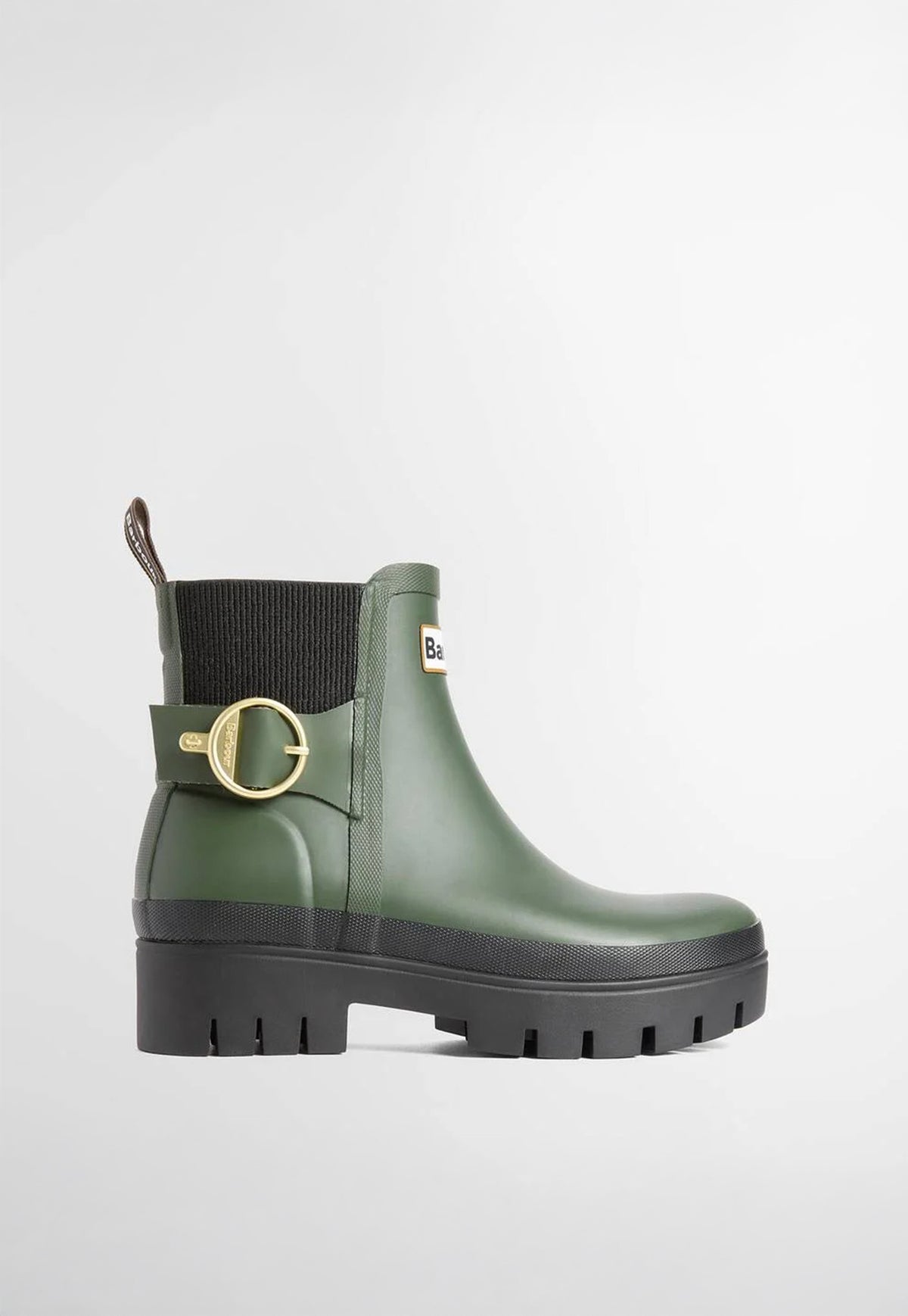 Side profile of Barbour Hepburn Ankle Wellingtons in Olive Black showing ribbed elastic side panels, Barbour buckle detail, chunky rubber sole and Chelsea boot silhouette.