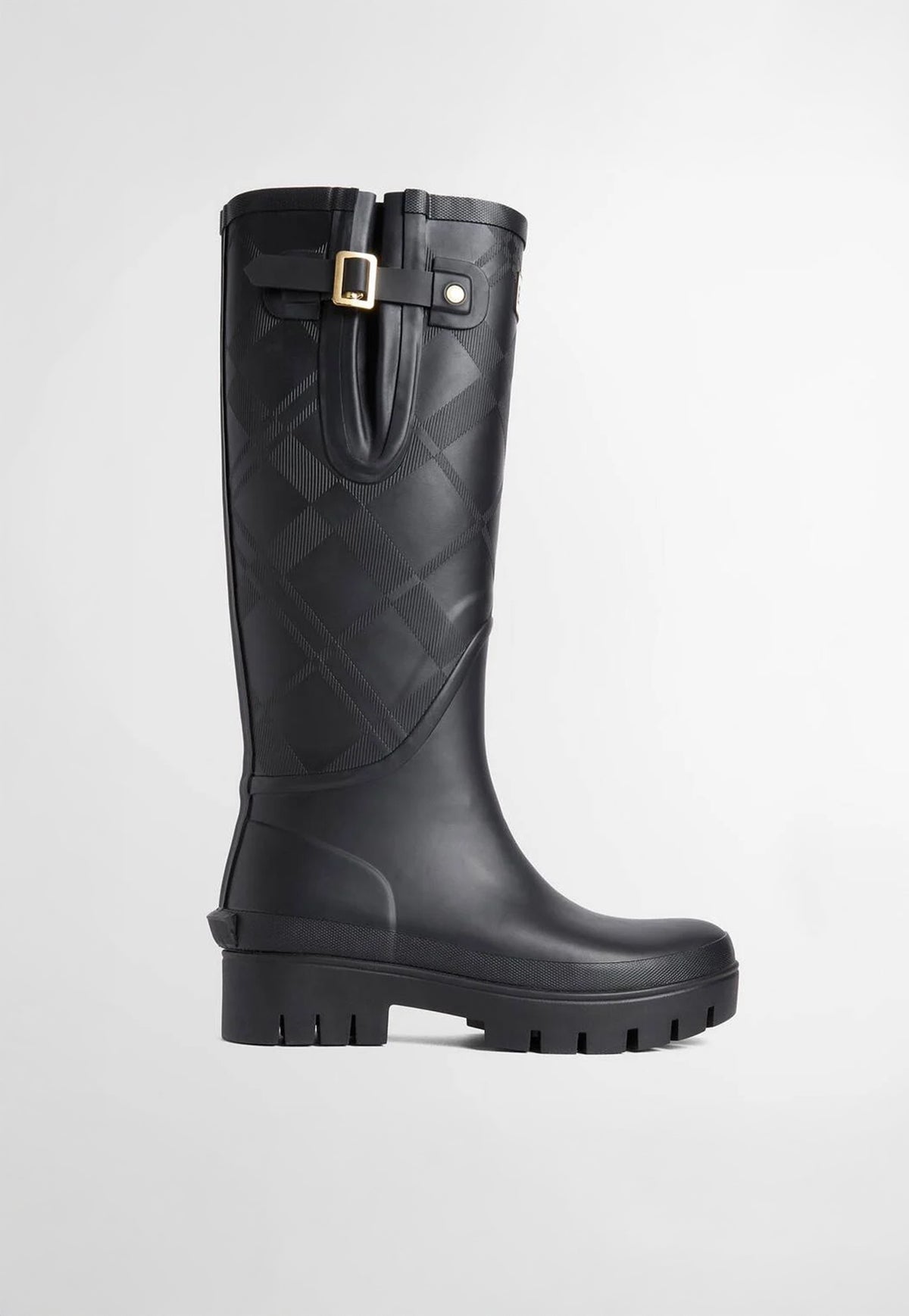 Side profile of Barbour Leighton Tartan Wellingtons showing the adjustable gusset, tall silhouette and chunky rubber sole.