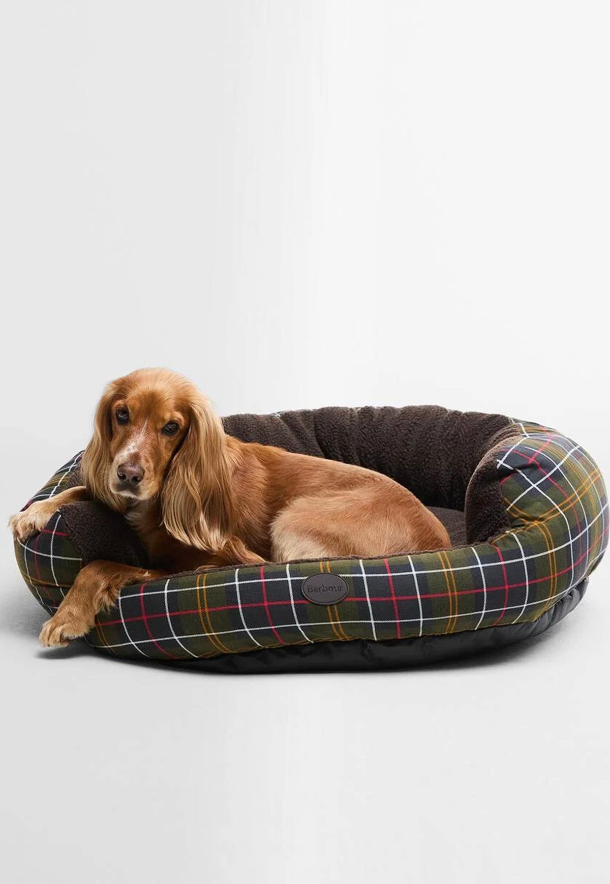 Dod rests in the Barbour Snuggle Dog Bed featuring a lowered front, soft fleece lining, tartan trim and embossed Barbour badge.