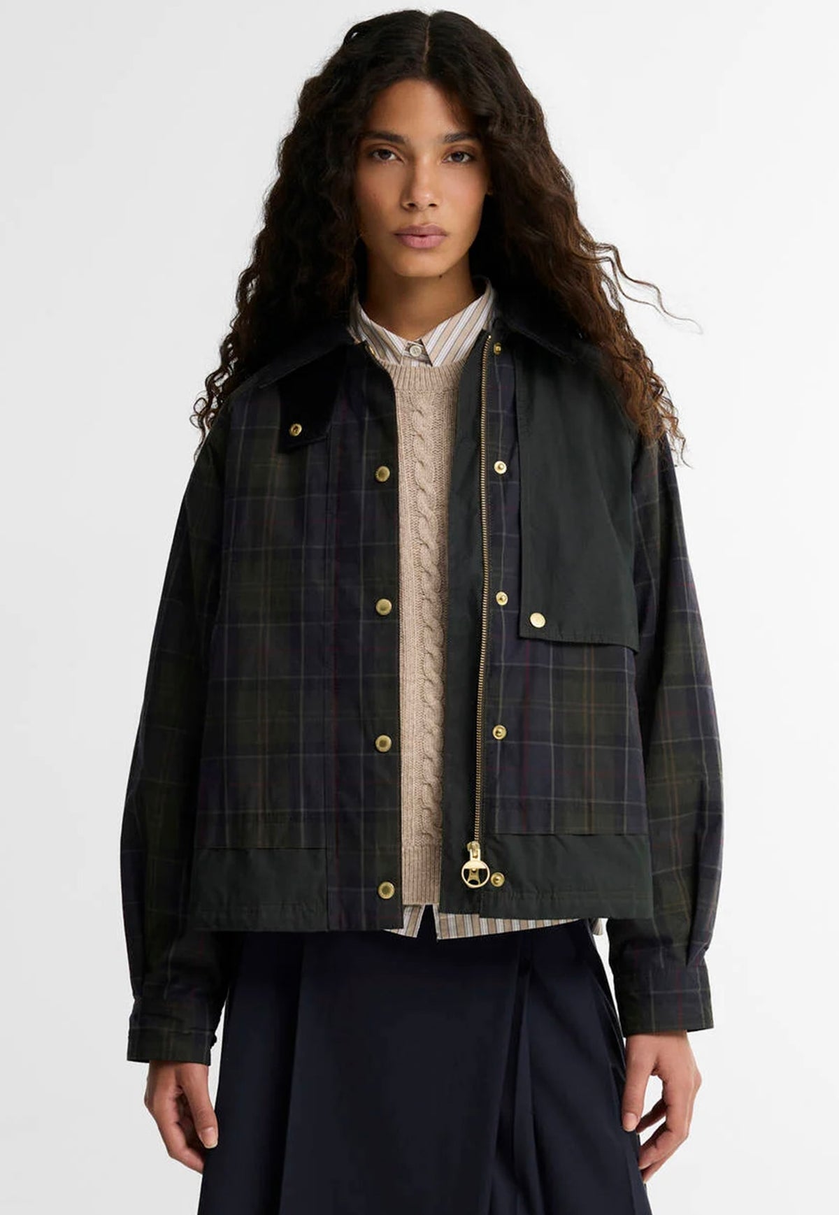 Barbour Truro Casual Jacket featuring mixed check cotton fabric, cord collar, structured front yoke and zipped pockets.