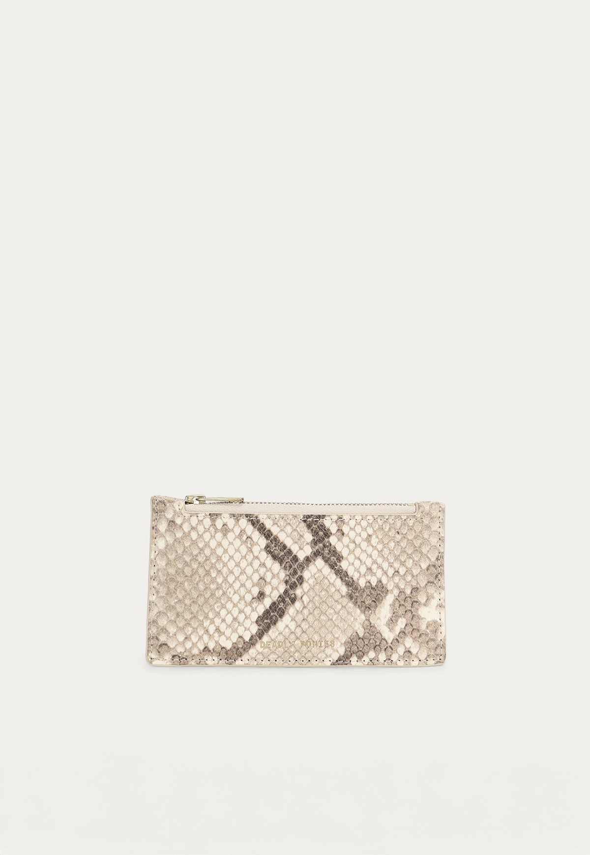 The Deadly Ponies zip card holder - Desert Python showcasing the embossed leather.