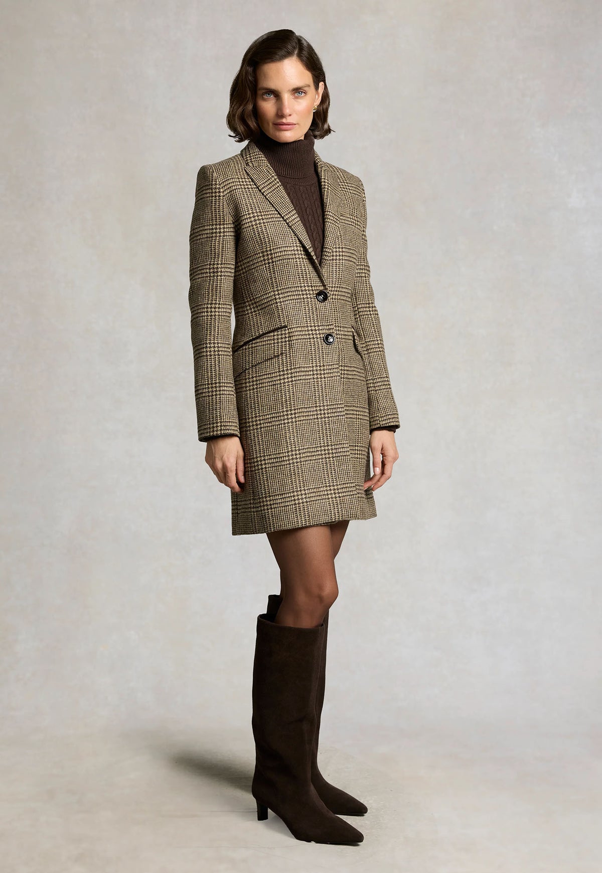 Holland Cooper Highgrove Coat in Prince of Wales Brown tweed, featuring a fitted single-breasted silhouette, structured shoulders and suede collar detailing.