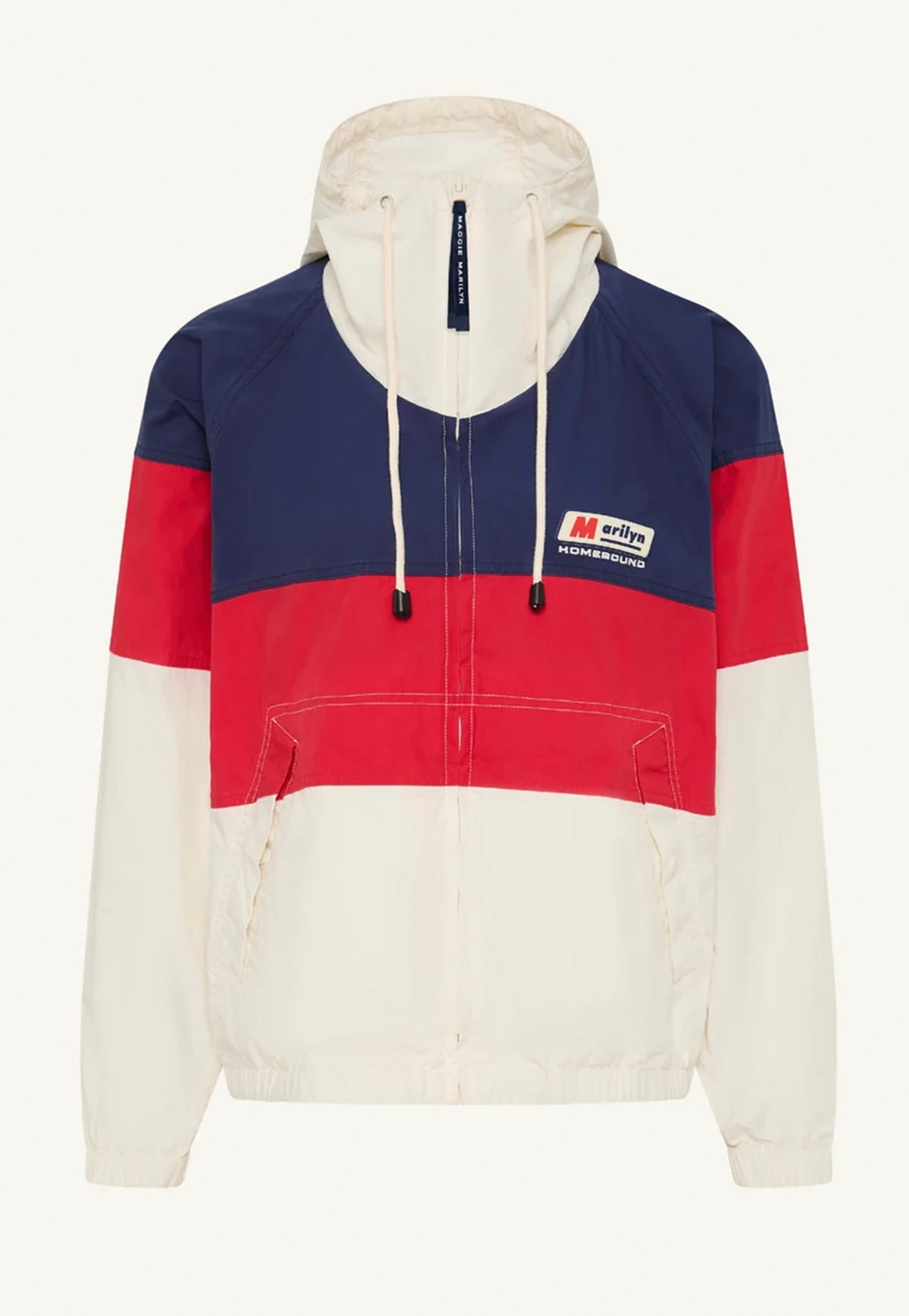 Maggie Marilyn Homebound Windbreaker in Nautical, navy, red and ivory colour-blocked cotton jacket with drawstring hood and zip closure.