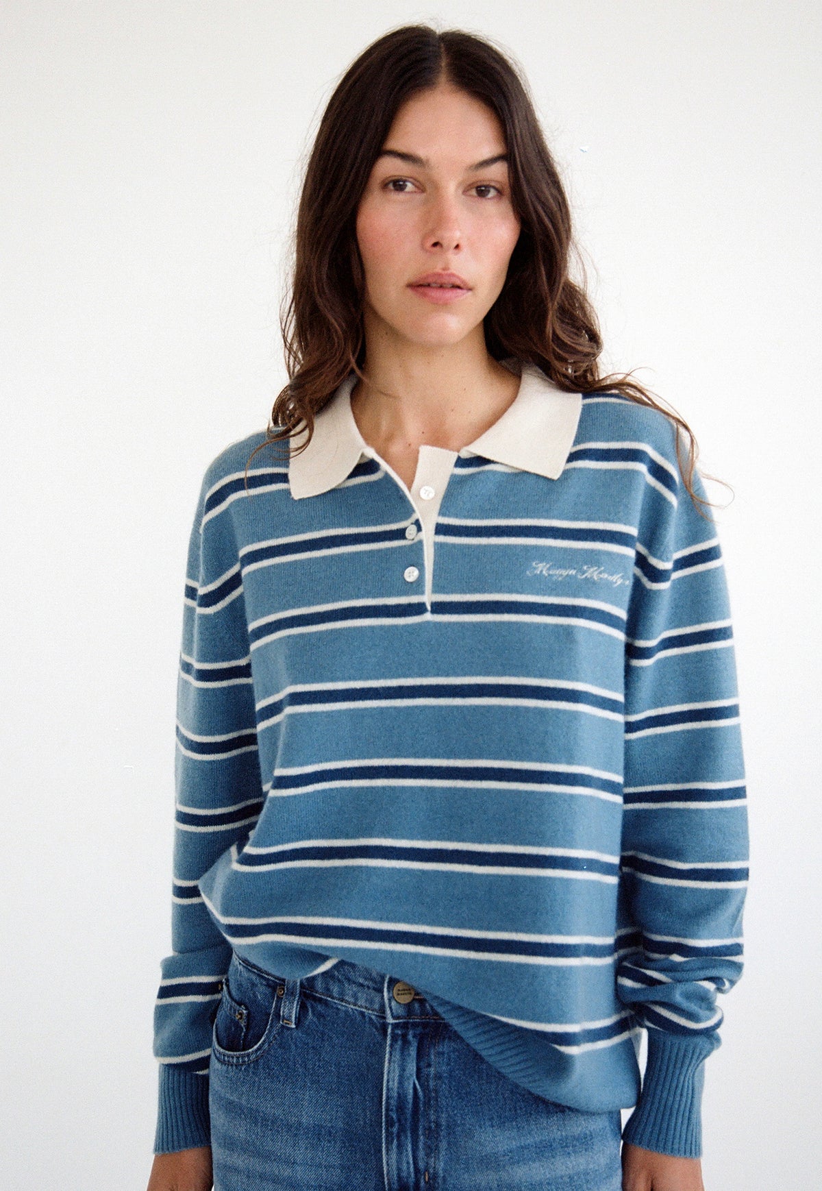 Maggie Marilyn This Must Be The Place Sweater in Vintage Navy Stripe, cashmere rugby-style knit with contrasting collar and button placket