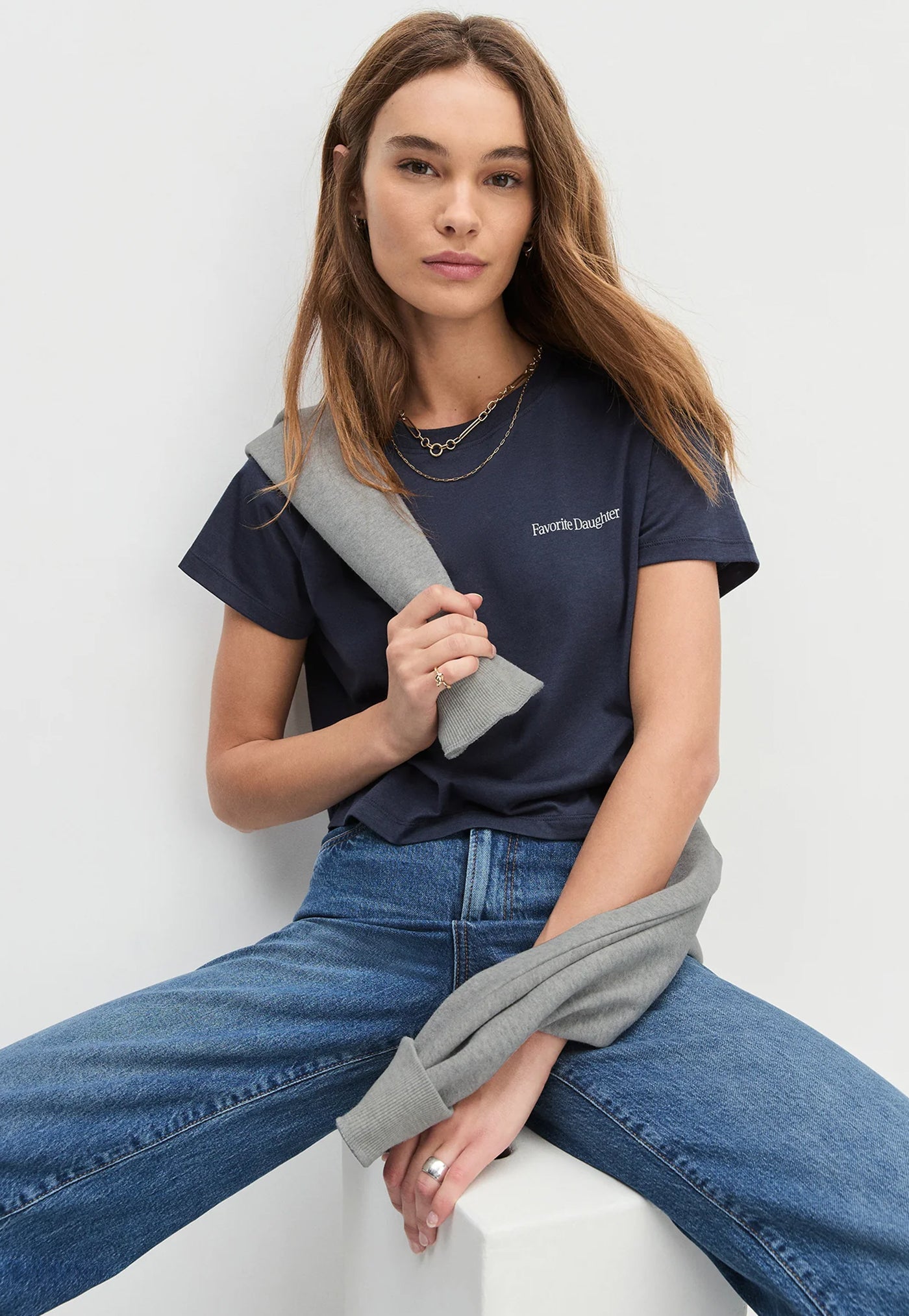 Cropped Logo Tee - Navy/Gardenia
