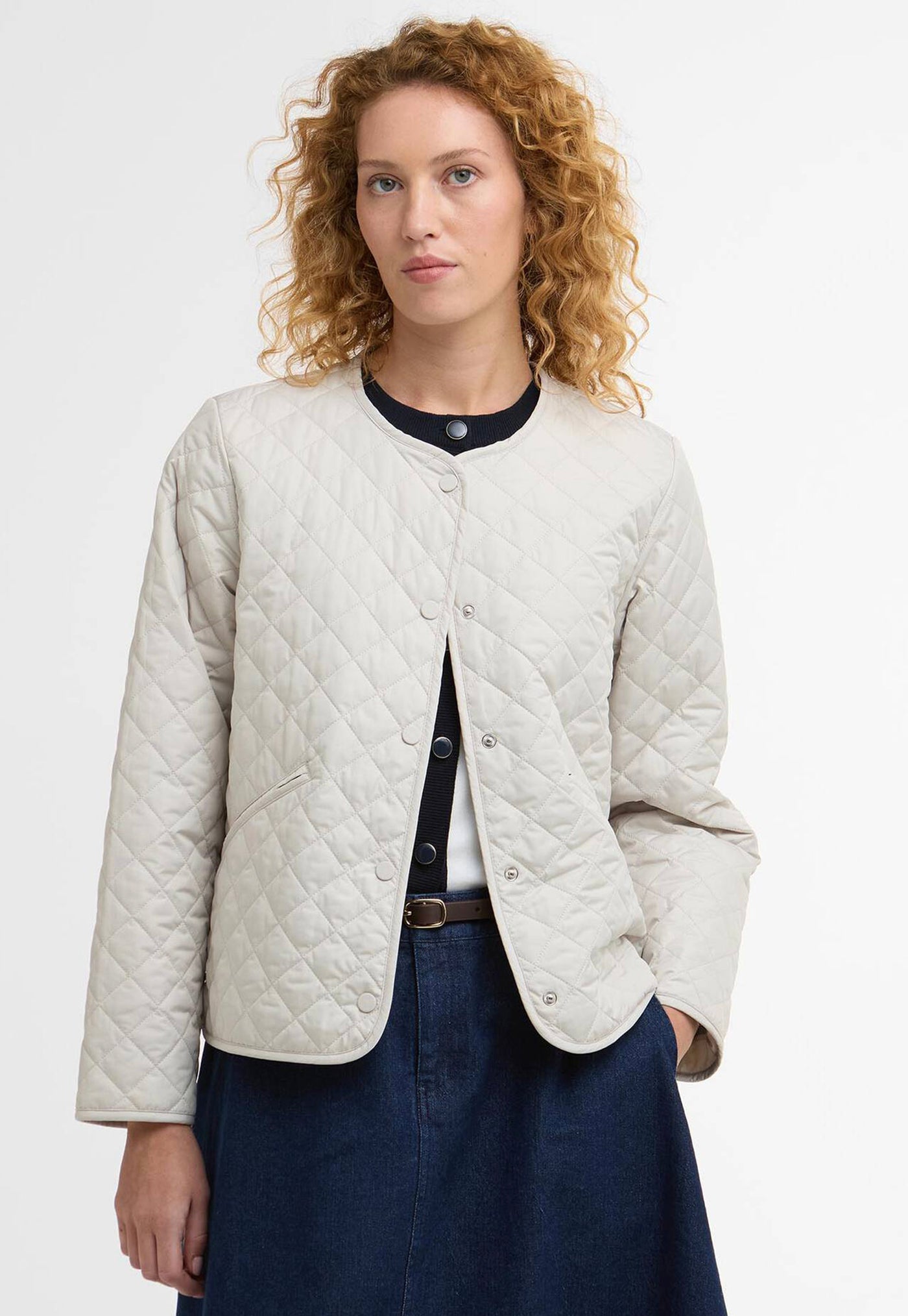 Cashel Collarless Quilted Jacket - Mist/Navy Tartan