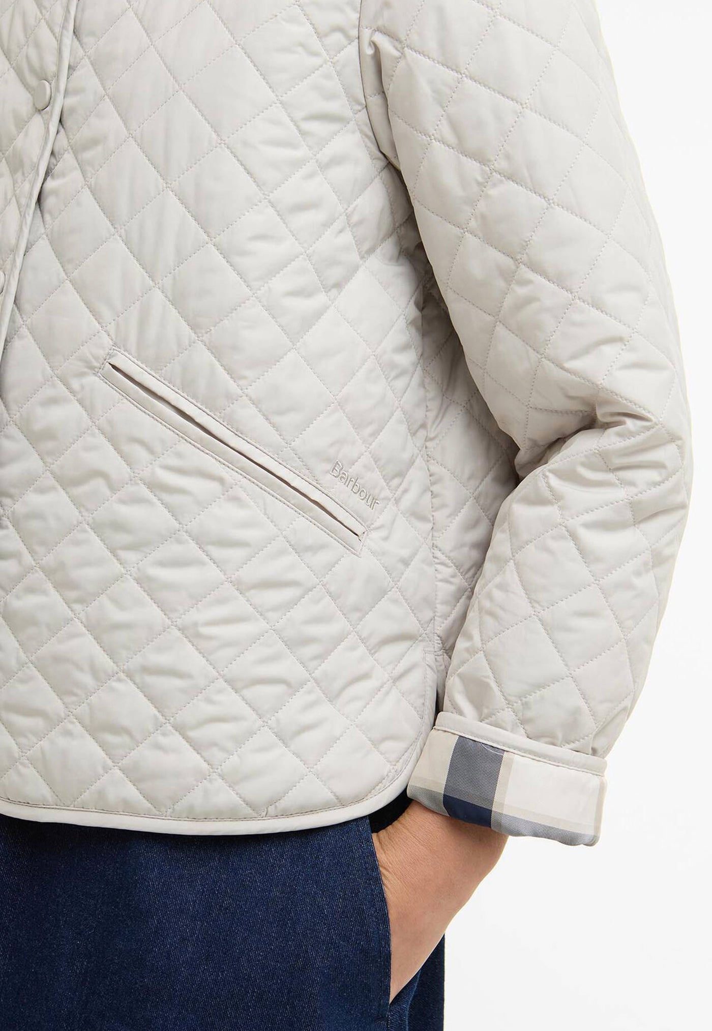 Cashel Collarless Quilted Jacket - Mist/Navy Tartan