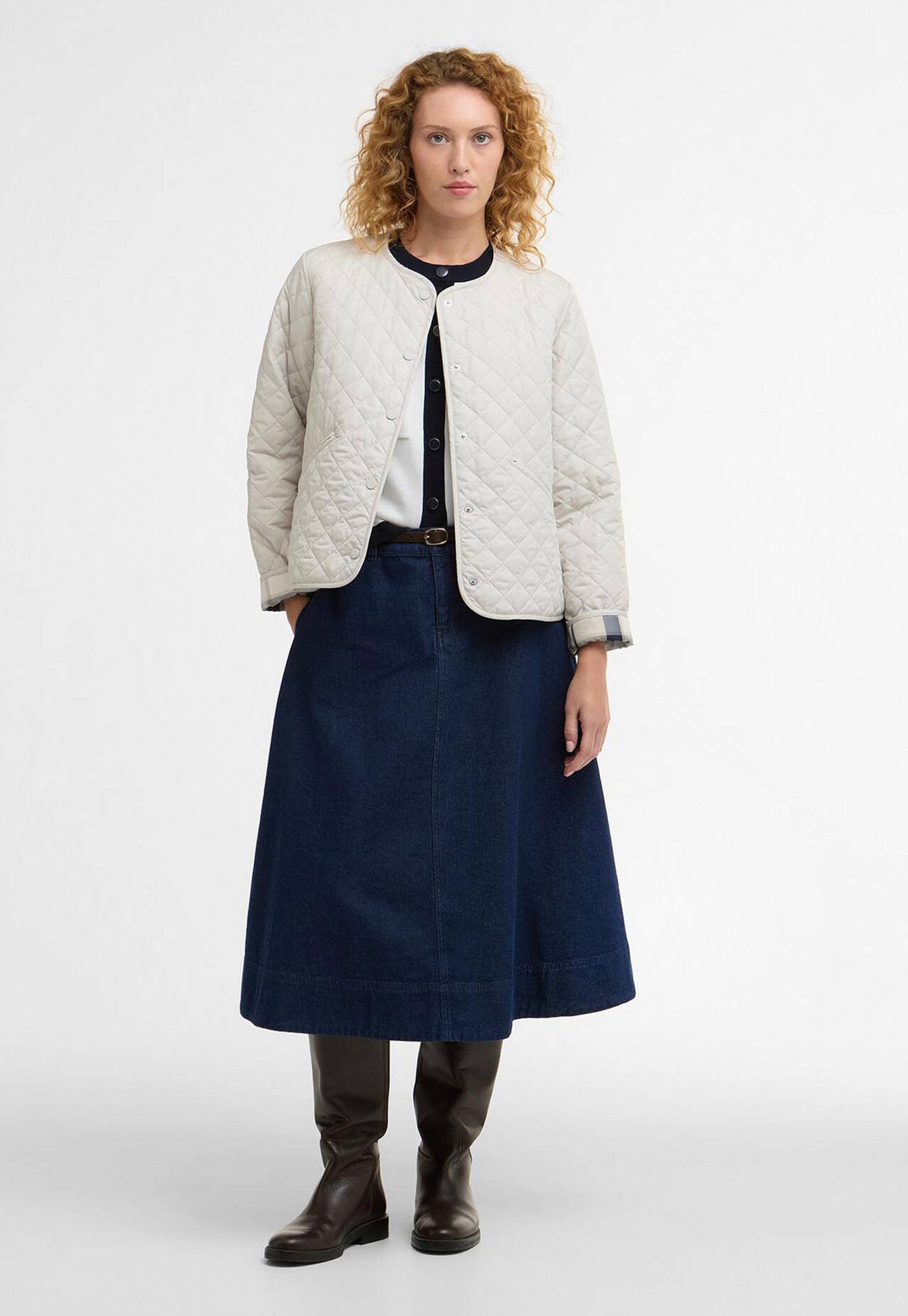 Cashel Collarless Quilted Jacket - Mist/Navy Tartan