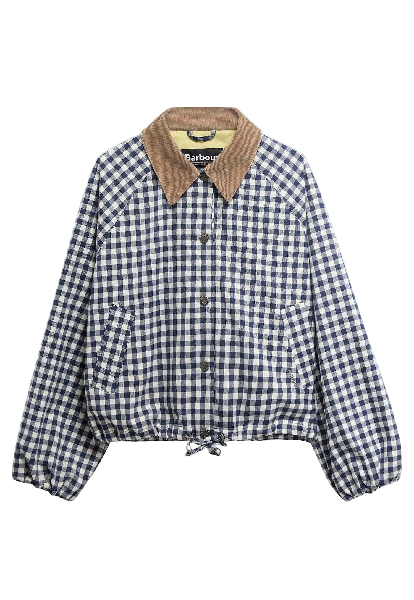 A cropped Barbour jacket featuring a navy and white gingham check pattern, a tan corduroy collar, and a snap-button front, displayed flat against a light gray background.