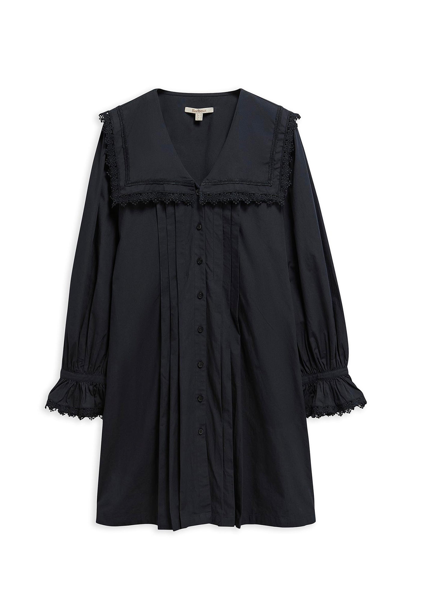 A black long-sleeve button-front dress with ruffled trim details, photographed flat against a solid white background.