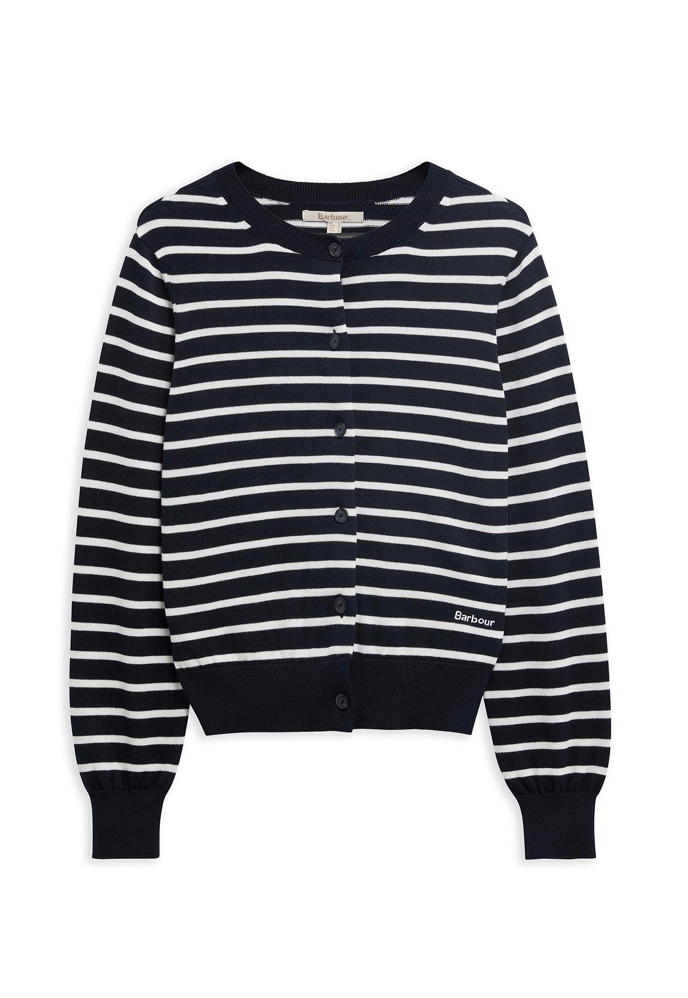 A navy blue and white horizontally striped button-up cardigan sweater with ribbed cuffs and hem, shown flat against a plain white background.