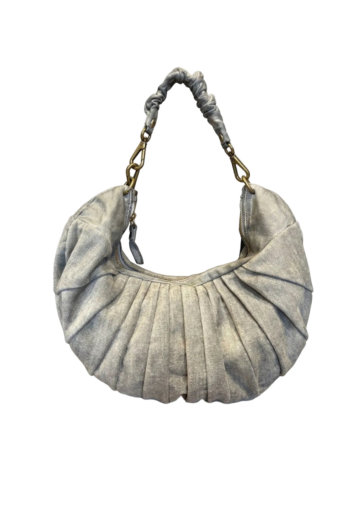 A distressed gray leather crescent-shaped shoulder bag with a pleated front, a matching fabric handle, and brass-tone hardware, shown on a white background.