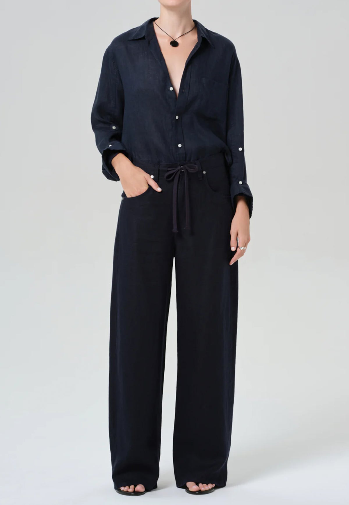 Kayla Shrunken Linen Shirt - Navy