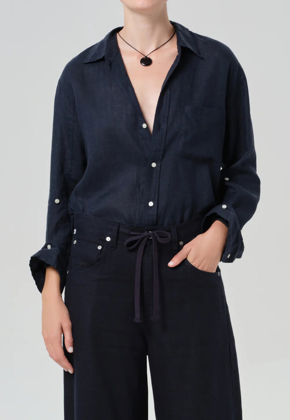 Kayla Shrunken Linen Shirt - Navy