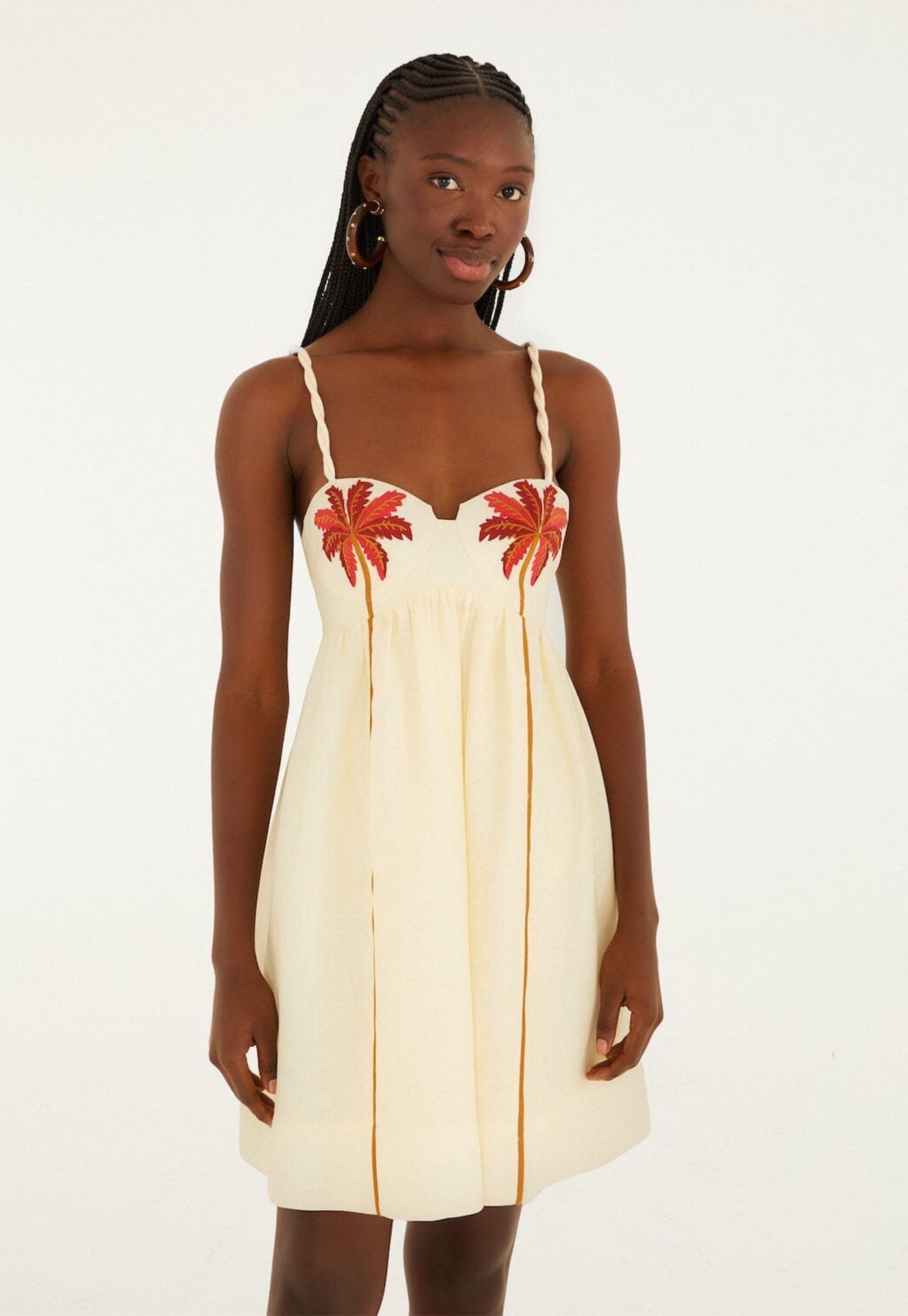 Coconut Tree Embroidered Mini Dress - Sand