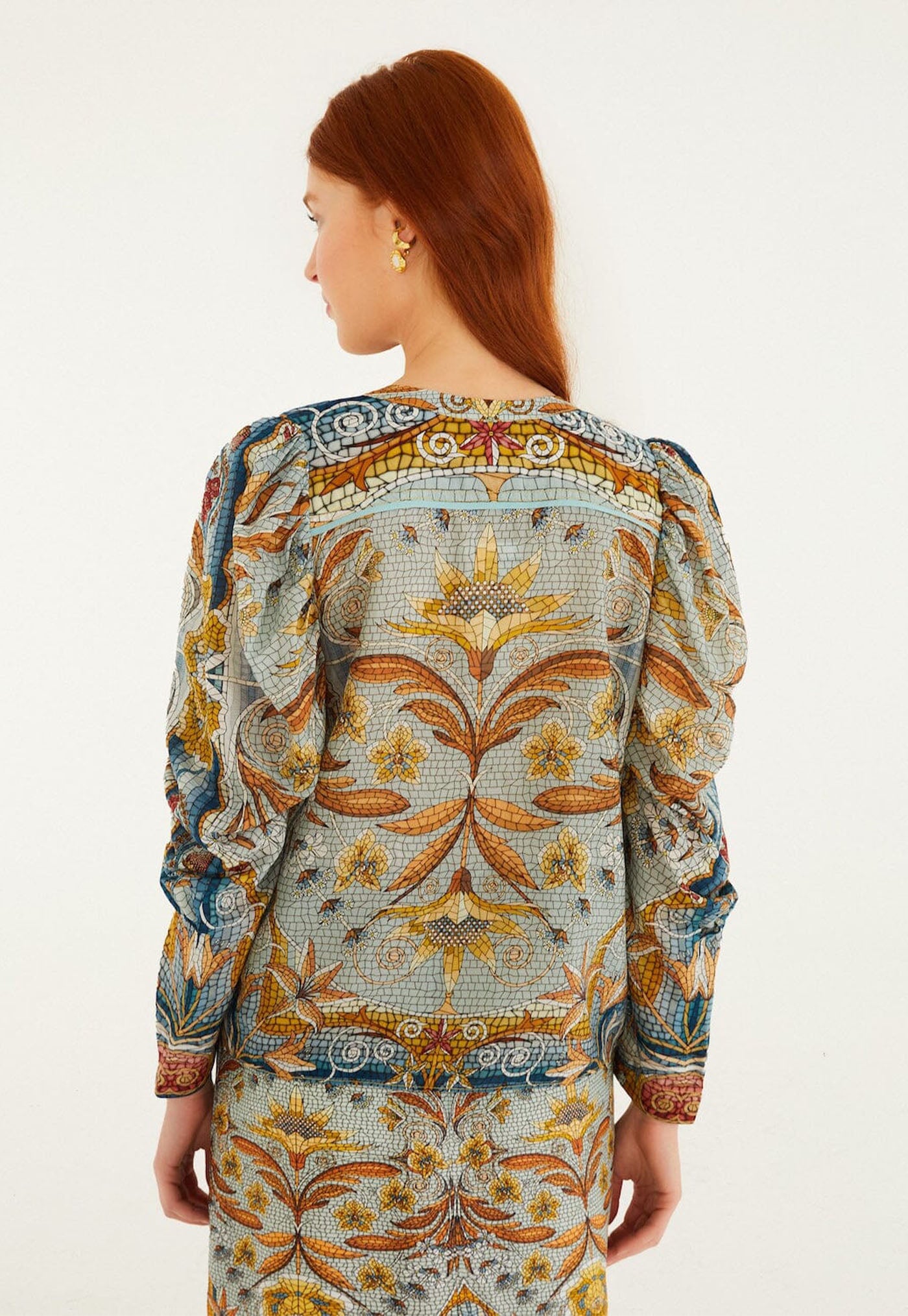 Mosaic Garden Long Sleeve Blouse - Soft Blue