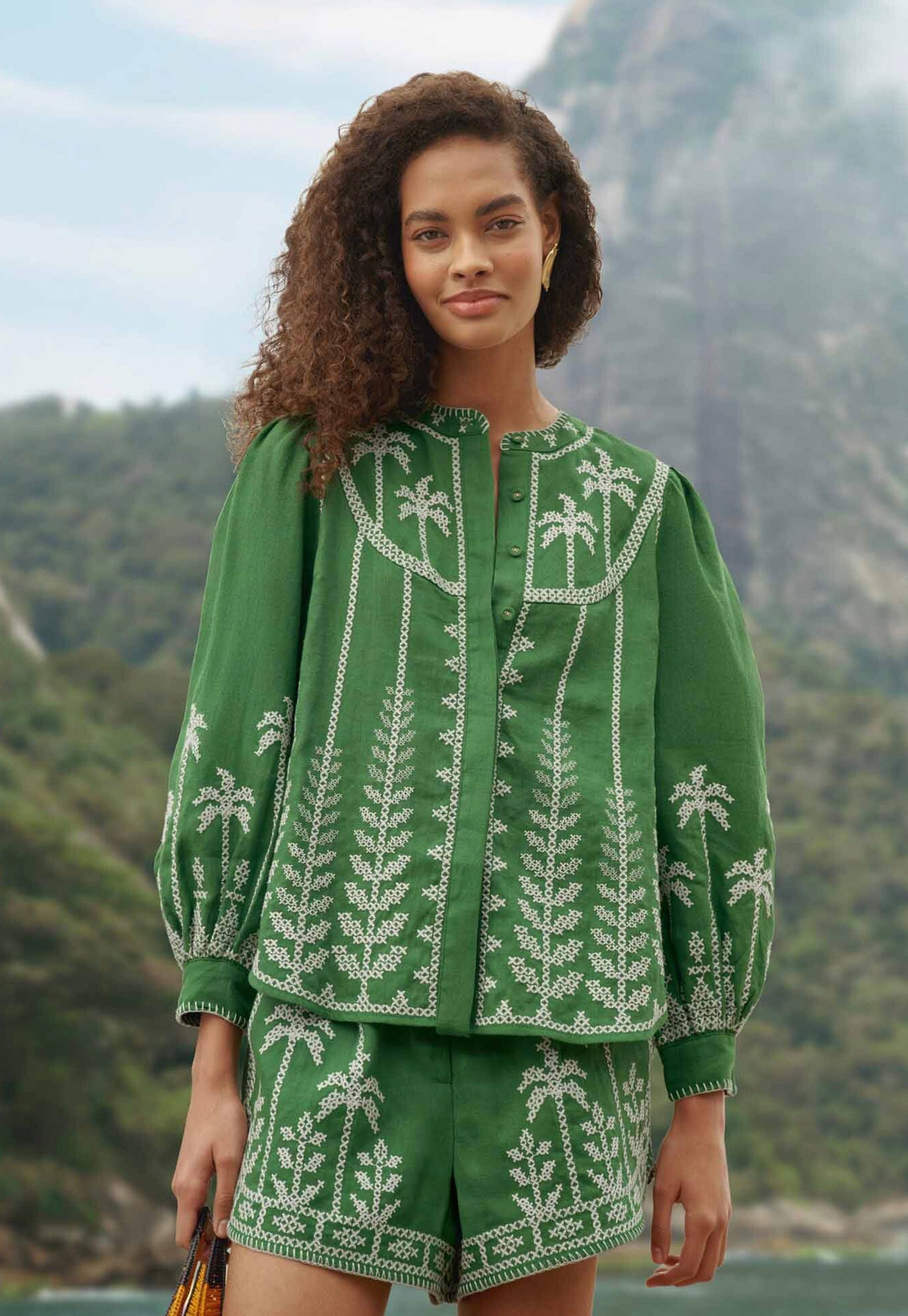 Cross Stitch Embroidery Long Sleeve Blouse - Green
