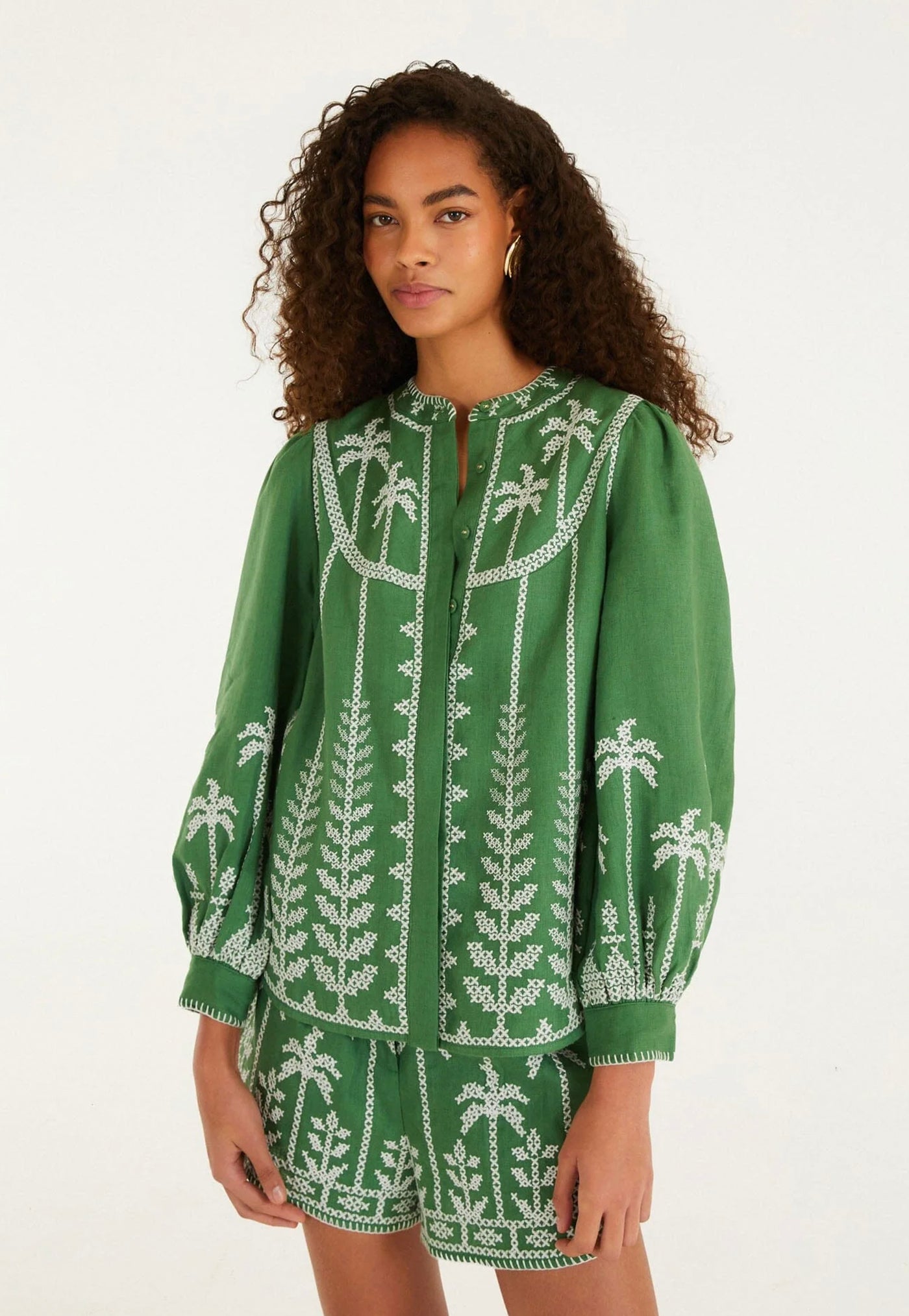 Cross Stitch Embroidery Long Sleeve Blouse - Green